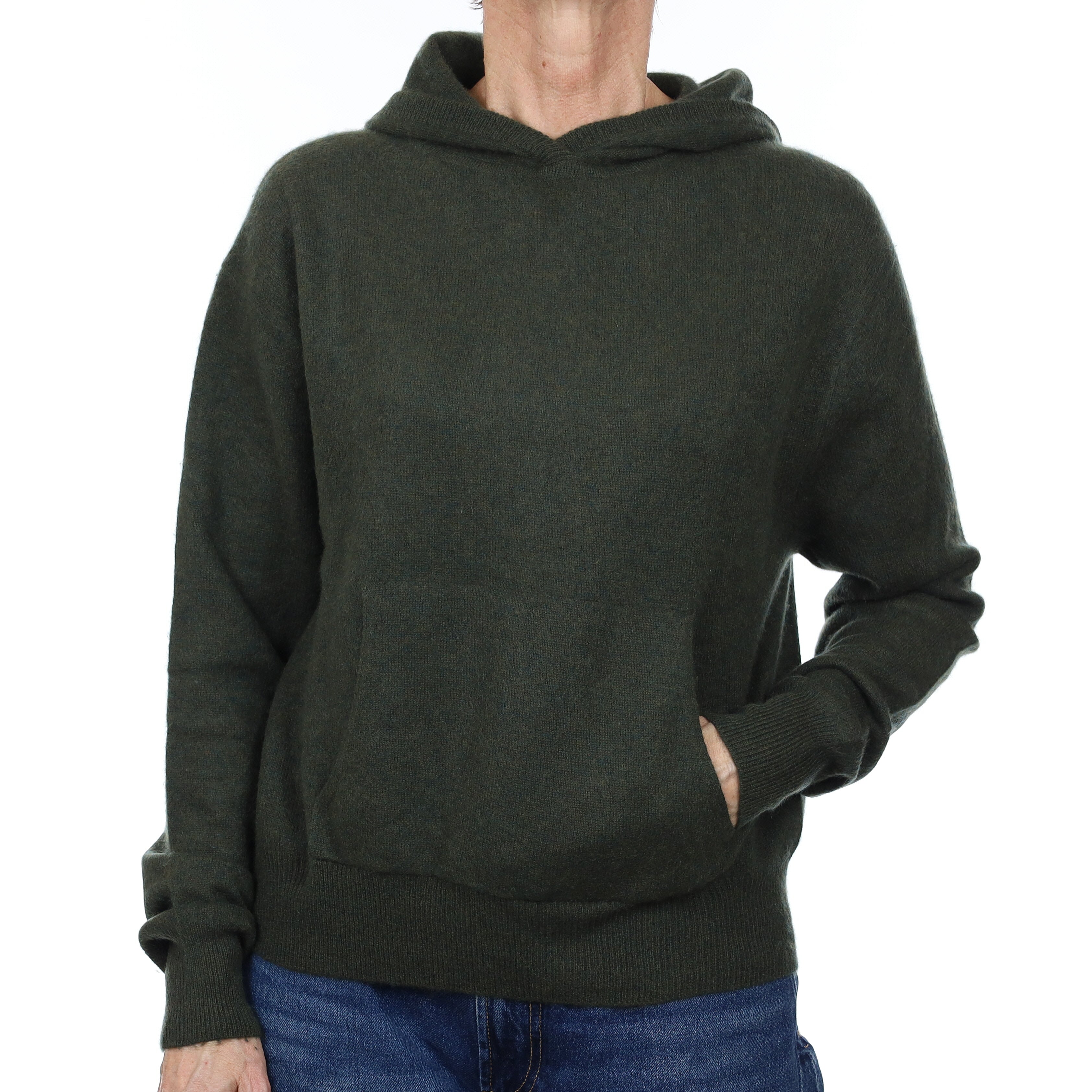 Khaki Green Cashmere Hoodie Jumper with Pouch Pocket Small