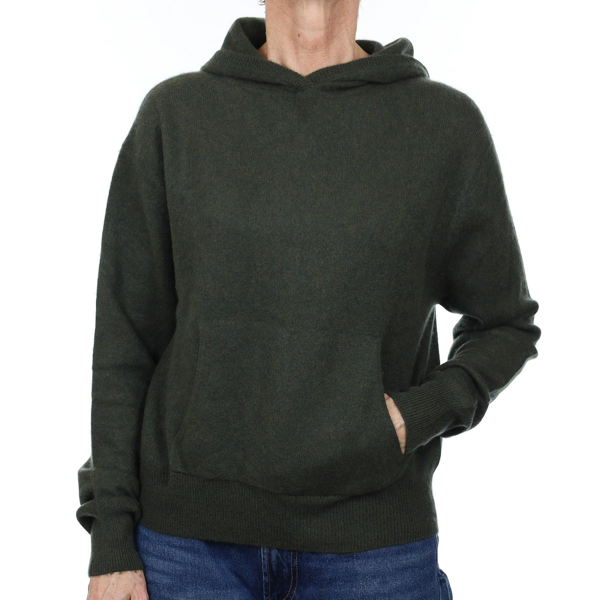 Khaki Green Cashmere Hoodie Jumper with Pouch Pocket Small