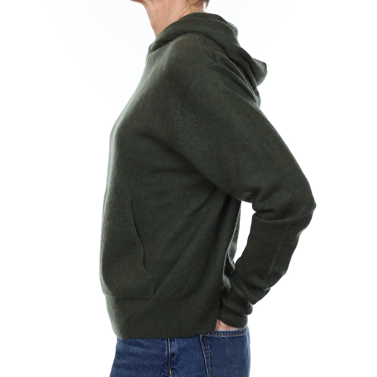 Khaki Green Cashmere Hoodie Jumper with Pouch Pocket Small