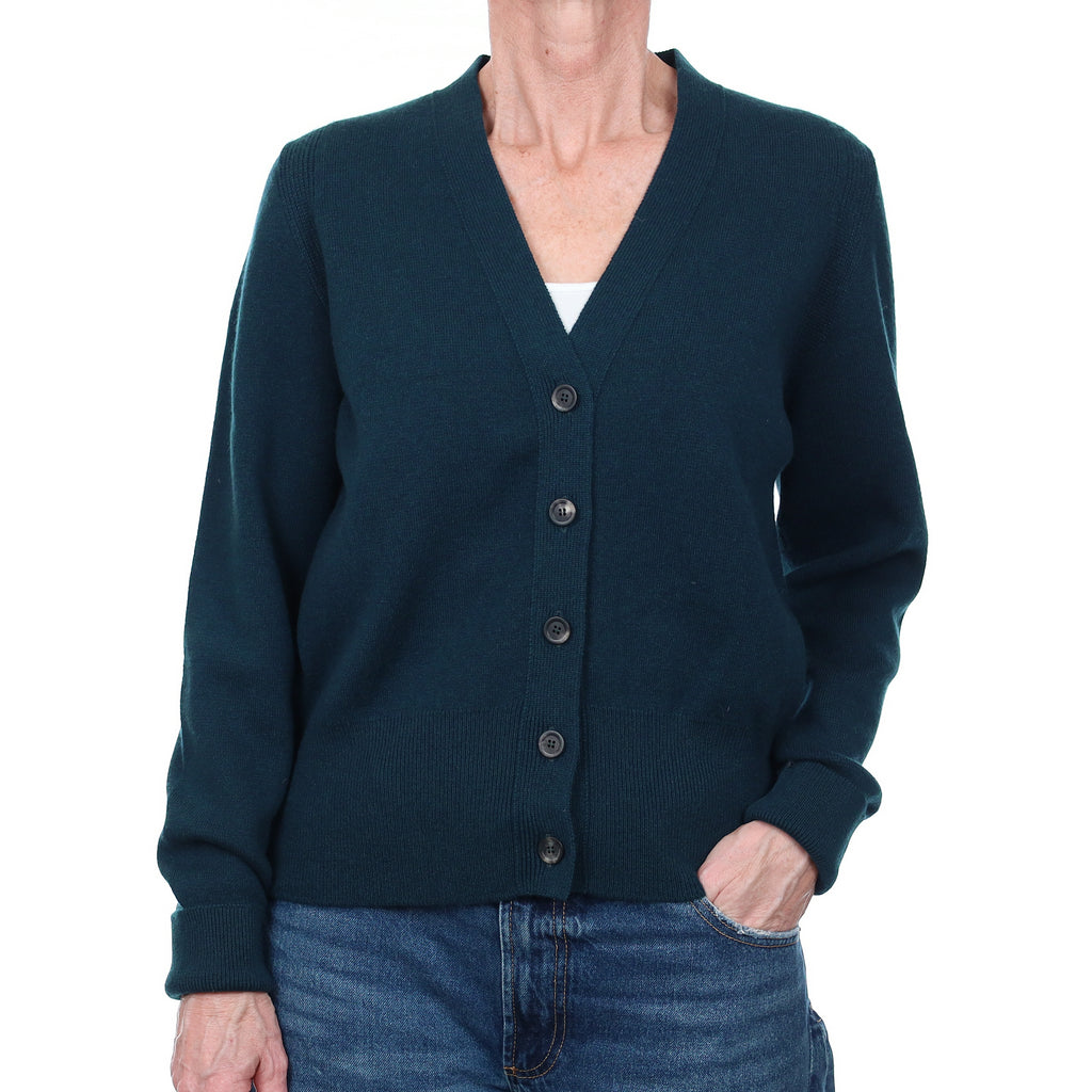Brand New Scottish Petrol Blue Heavy Knit Cashmere V Neck Cardigan Small