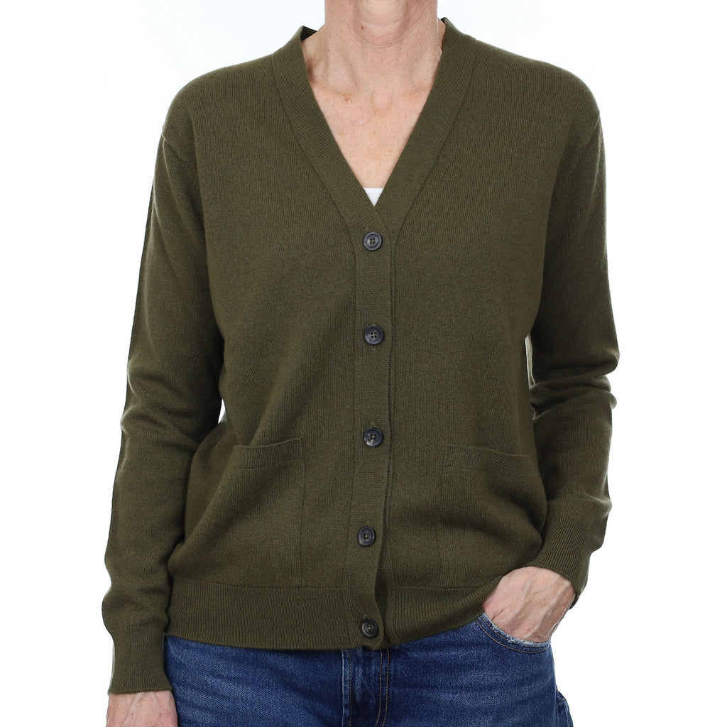 Brand New Scottish Olive Green Cashmere V Neck Cardigan with Pockets Small
