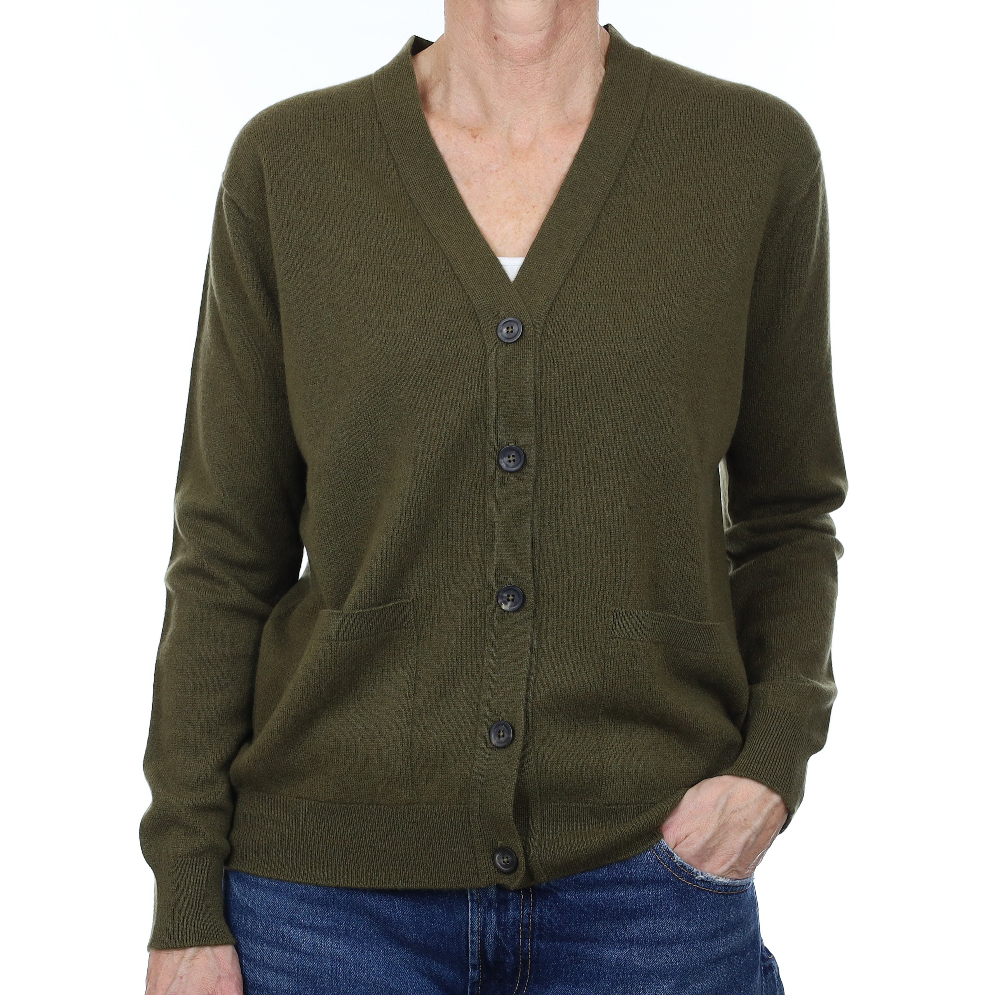 Brand New Scottish Olive Green Cashmere V Neck Cardigan with Pockets Small
