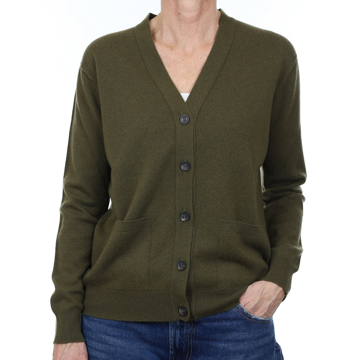 Brand New Scottish Olive Green Cashmere V Neck Cardigan with Pockets Small