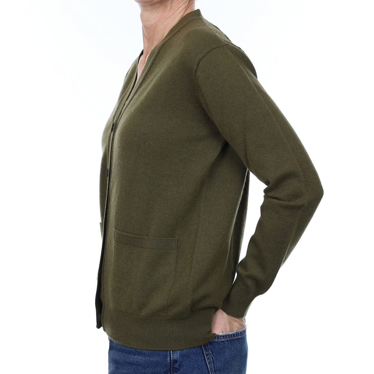 Brand New Scottish Olive Green Cashmere V Neck Cardigan with Pockets Small