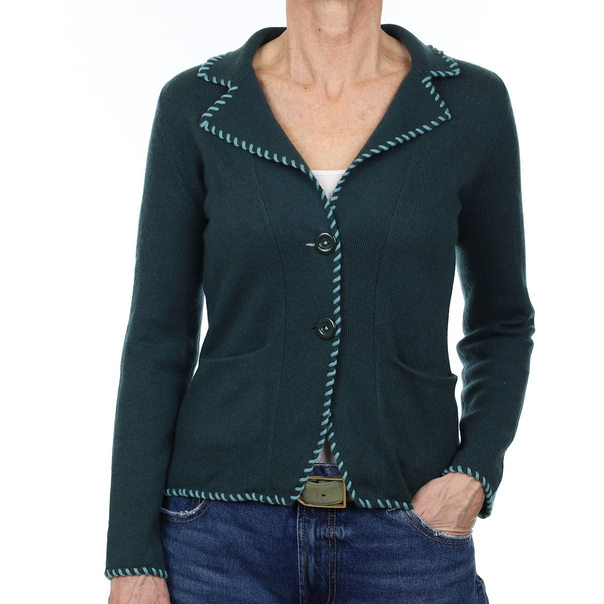 Forest Green Cashmere Collared Jacket with Pockets Small