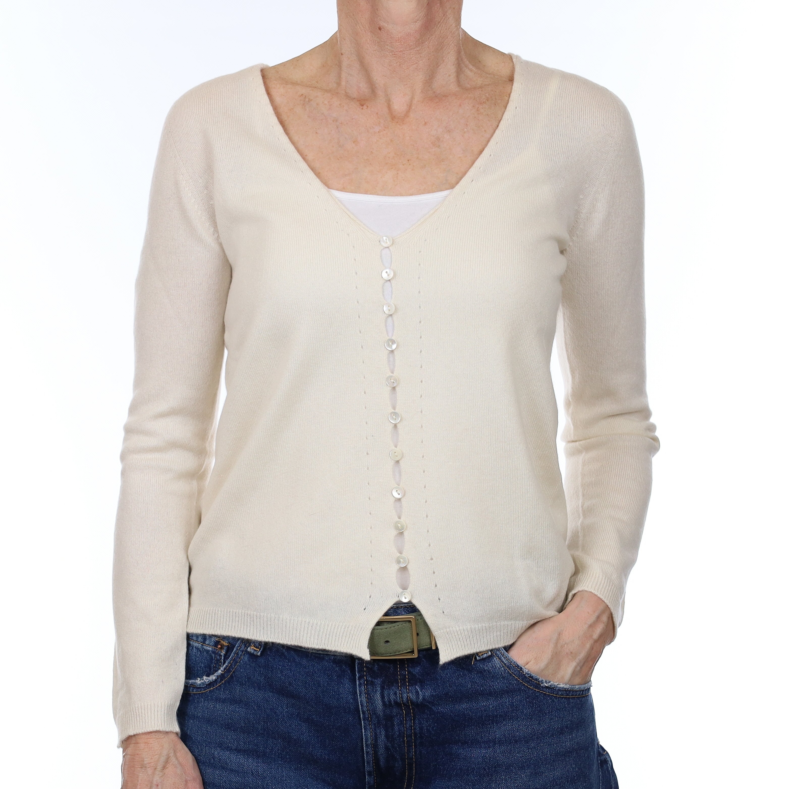 Scottish Ivory Cashmere V Neck Cardigan Small