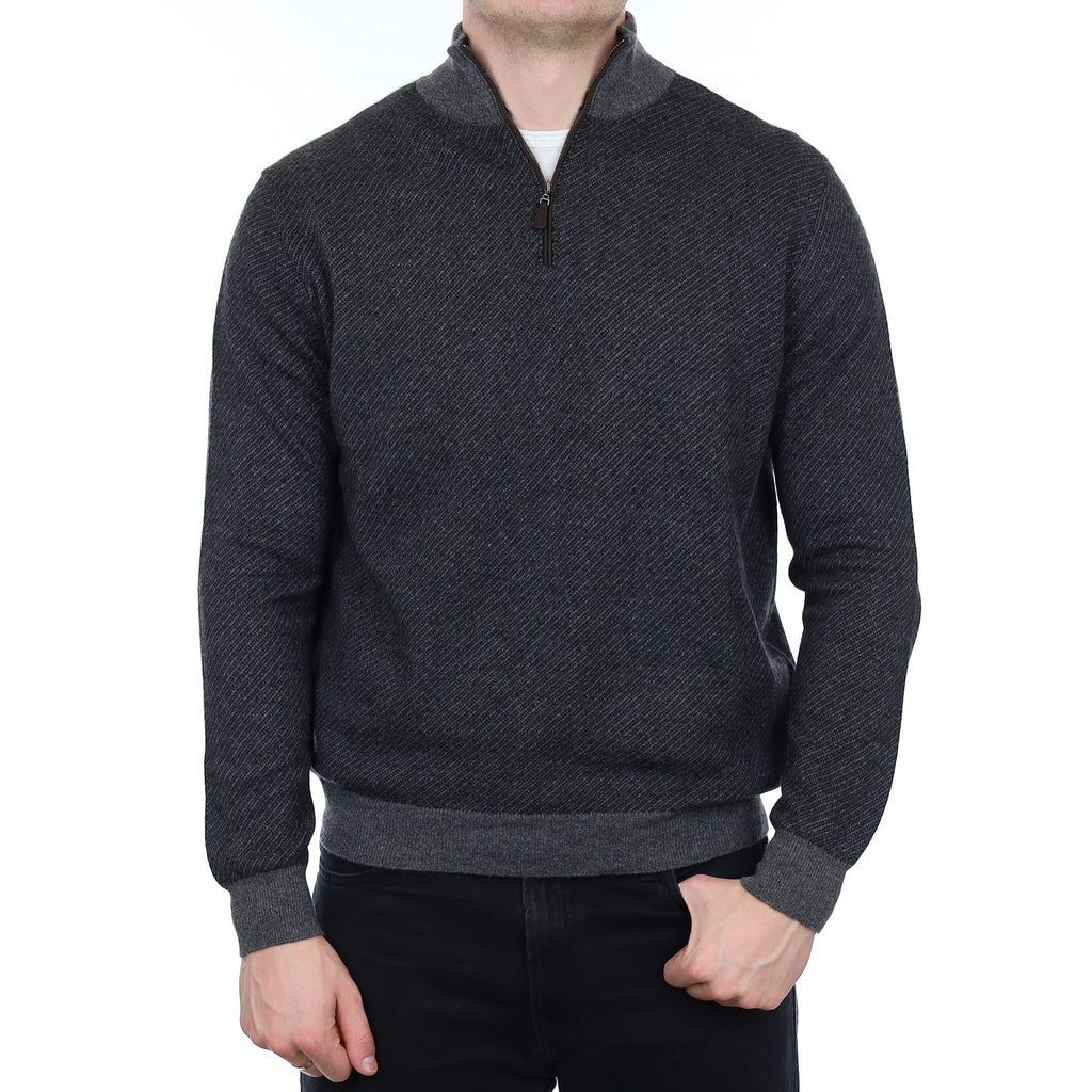 Men's Grey Diagonal Stripe Cashmere 1/4 Zip Jumper XL