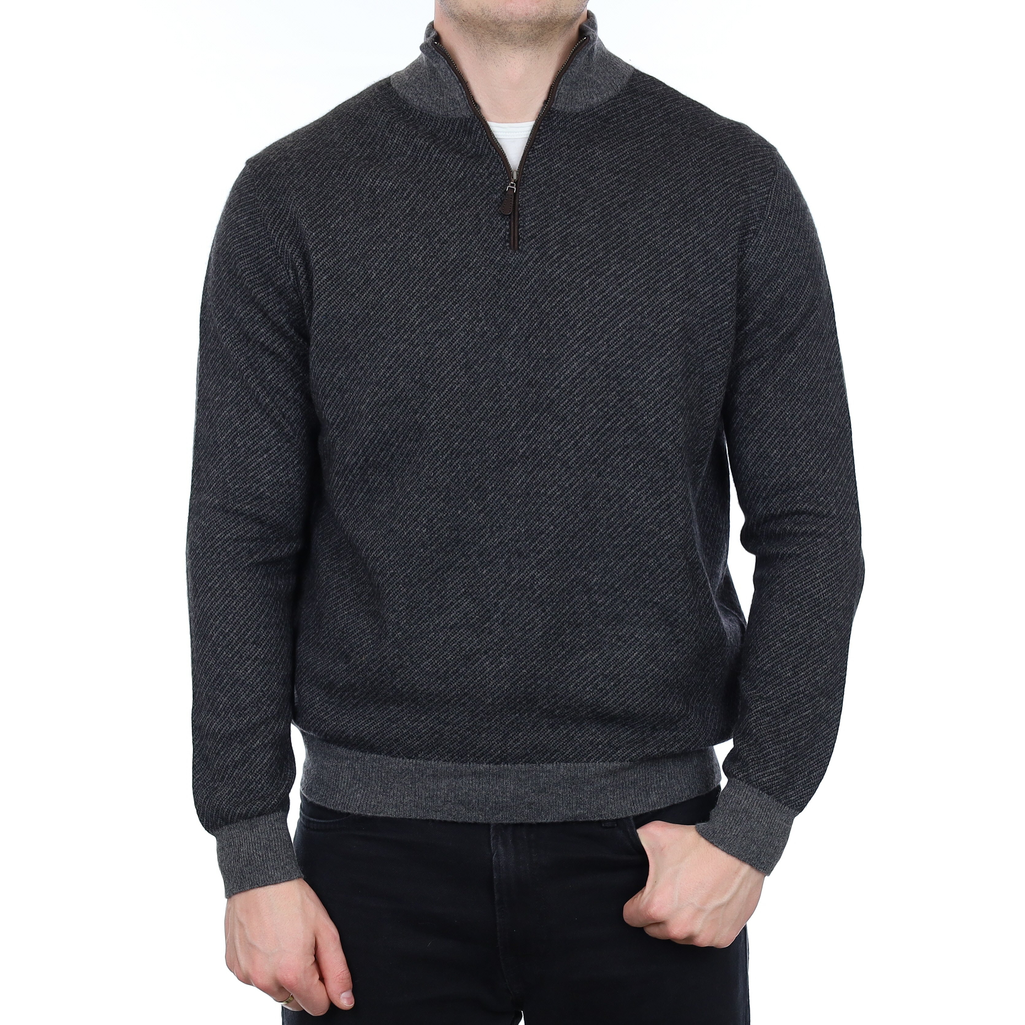 Men's Grey Diagonal Stripe Cashmere 1/4 Zip Jumper XL