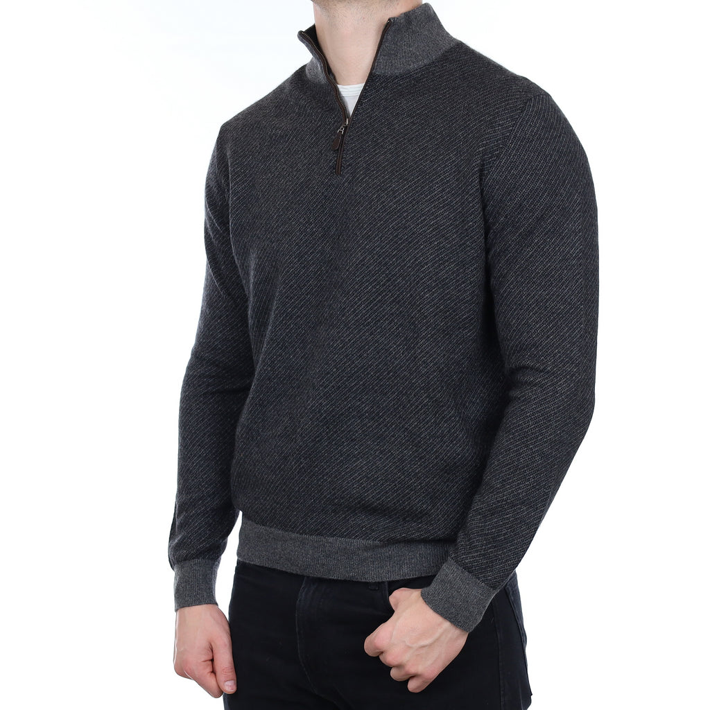 Men's Grey Diagonal Stripe Cashmere 1/4 Zip Jumper XL