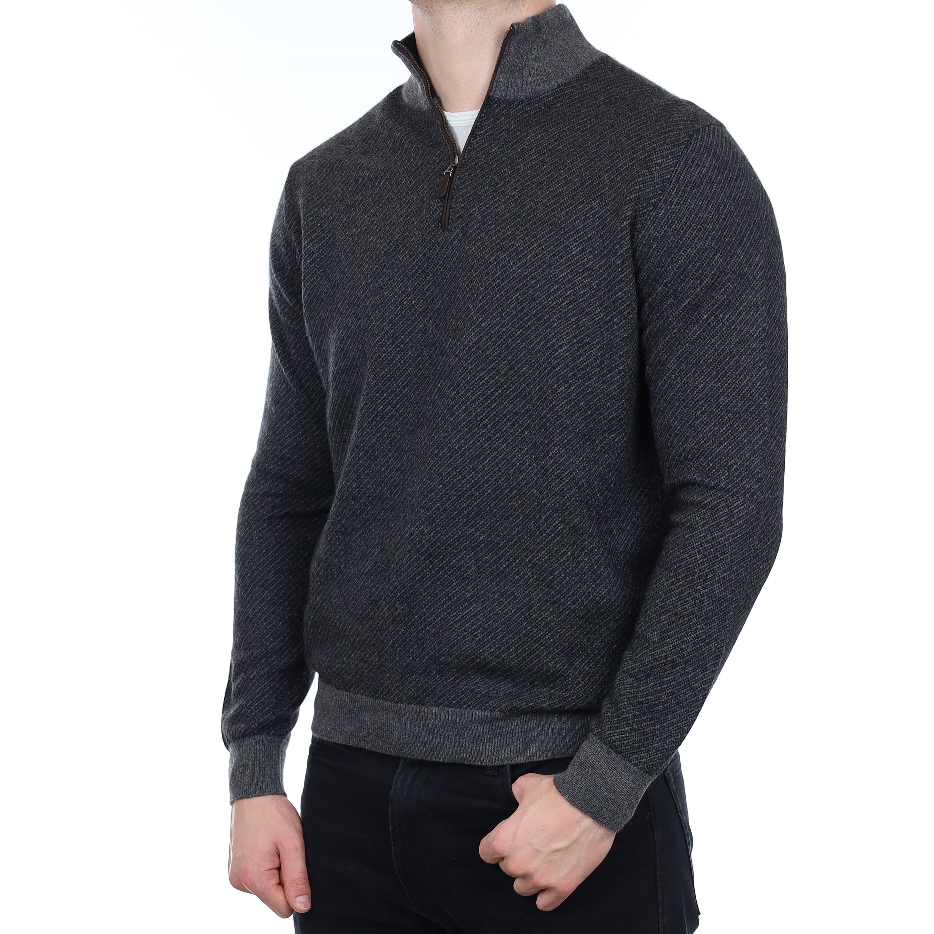 Men's Grey Diagonal Stripe Cashmere 1/4 Zip Jumper XL
