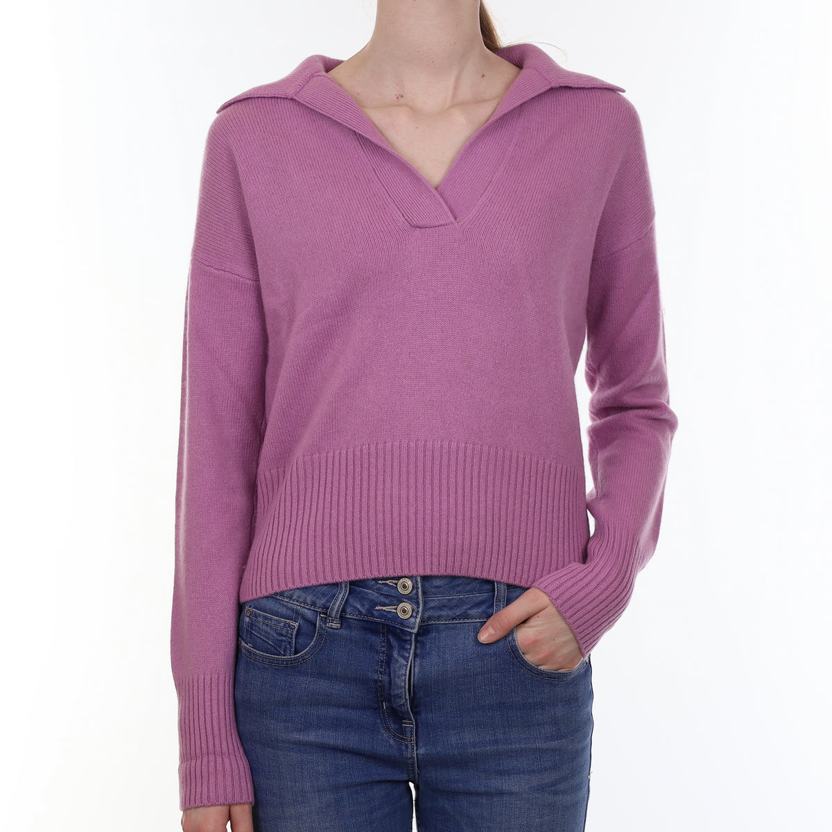 Mauve Purple Heavy Knit Cashmere Collared V Neck Jumper Extra Small