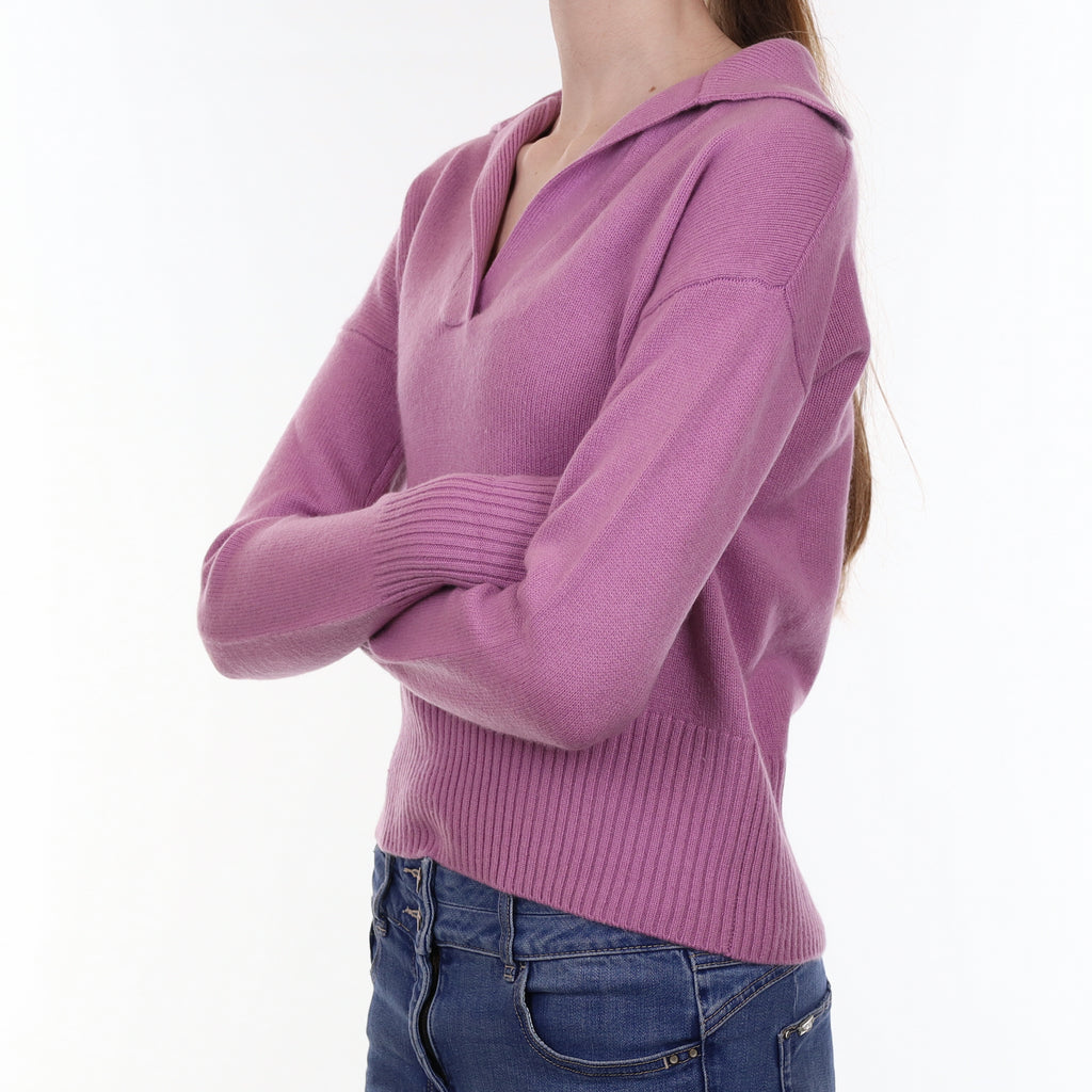 Mauve Purple Heavy Knit Cashmere Collared V Neck Jumper Extra Small