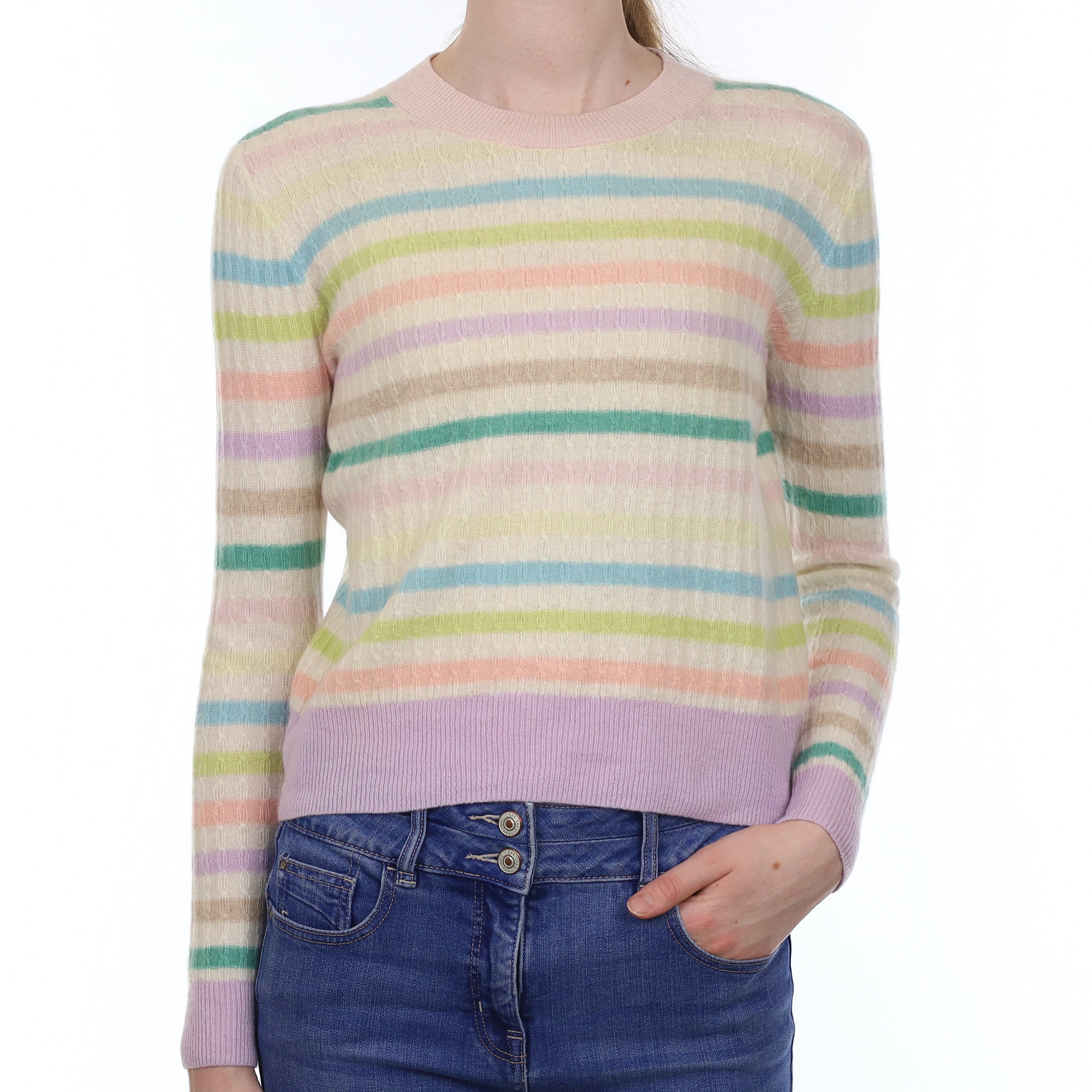 Multicolour Pastel Stripe Cashmere Crew Neck Jumper Extra Small