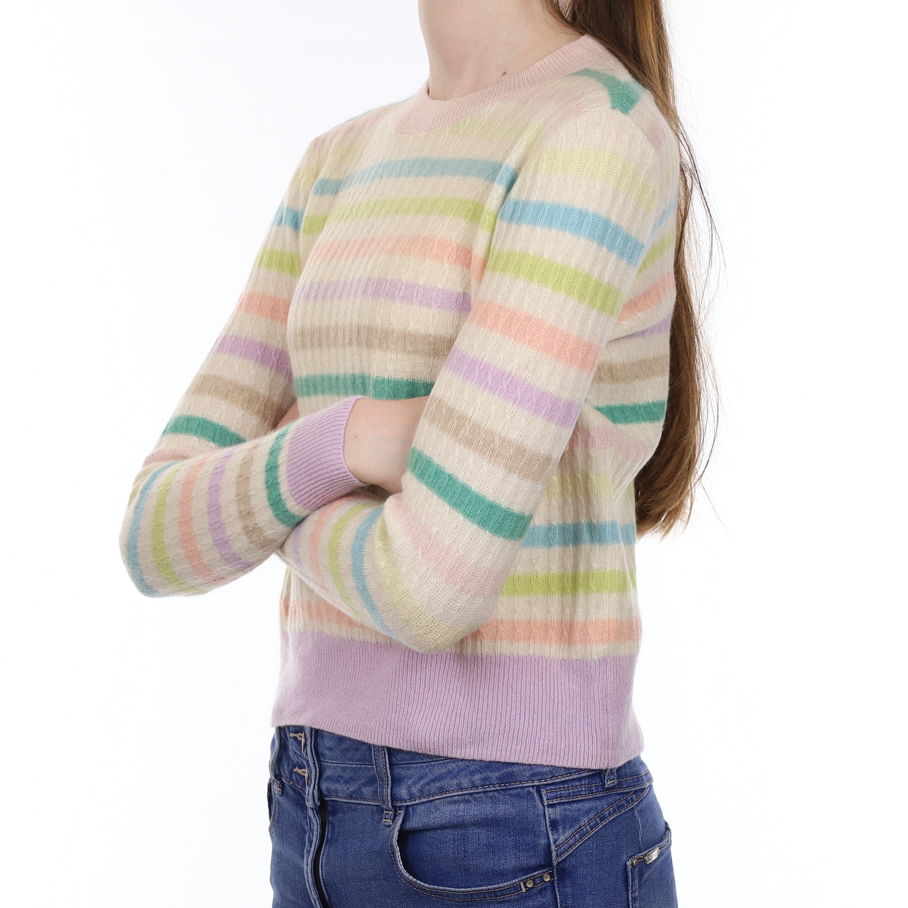 Multicolour Pastel Stripe Cashmere Crew Neck Jumper Extra Small