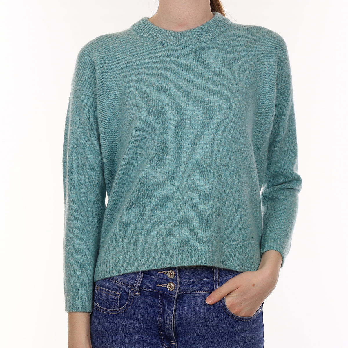Brora Aqua Marl Chunky Cashmere Boxy Crew Neck Jumper Extra Small