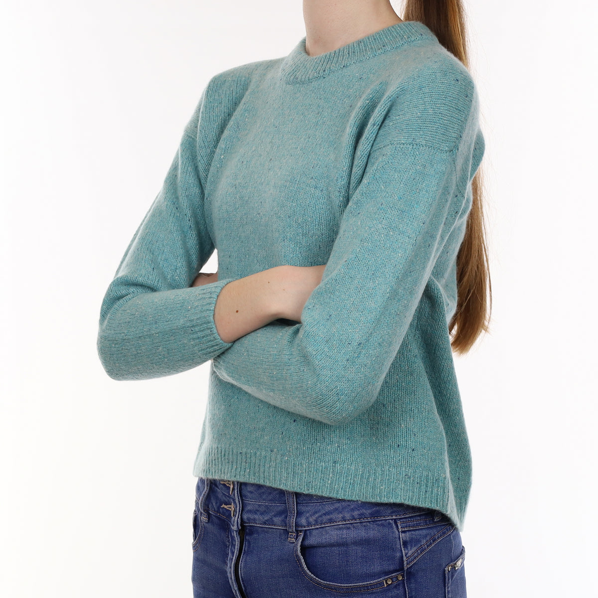 Brora Aqua Marl Chunky Cashmere Boxy Crew Neck Jumper Extra Small