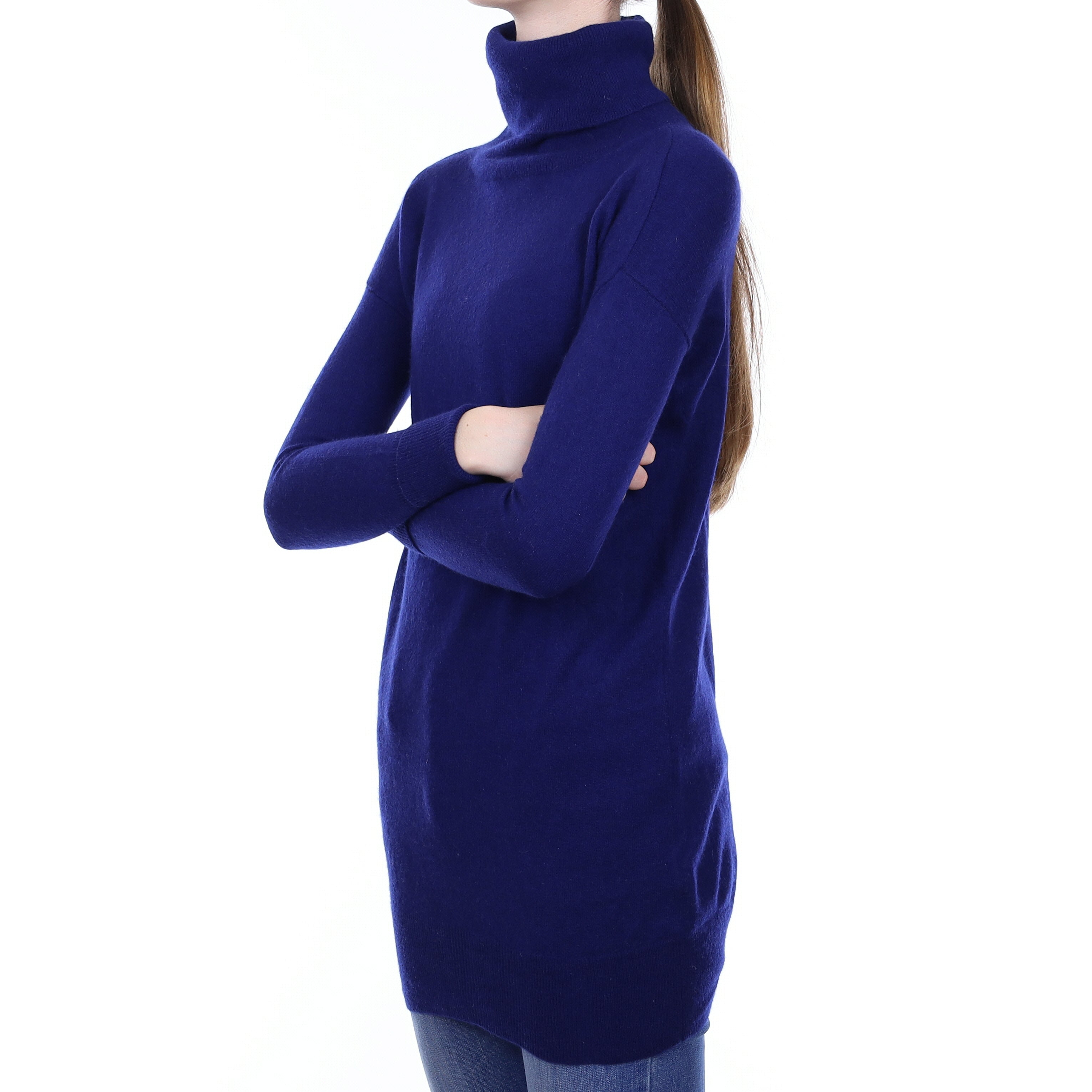 Indigo Blue Cashmere Longline Polo Neck Tunic Jumper Extra Small