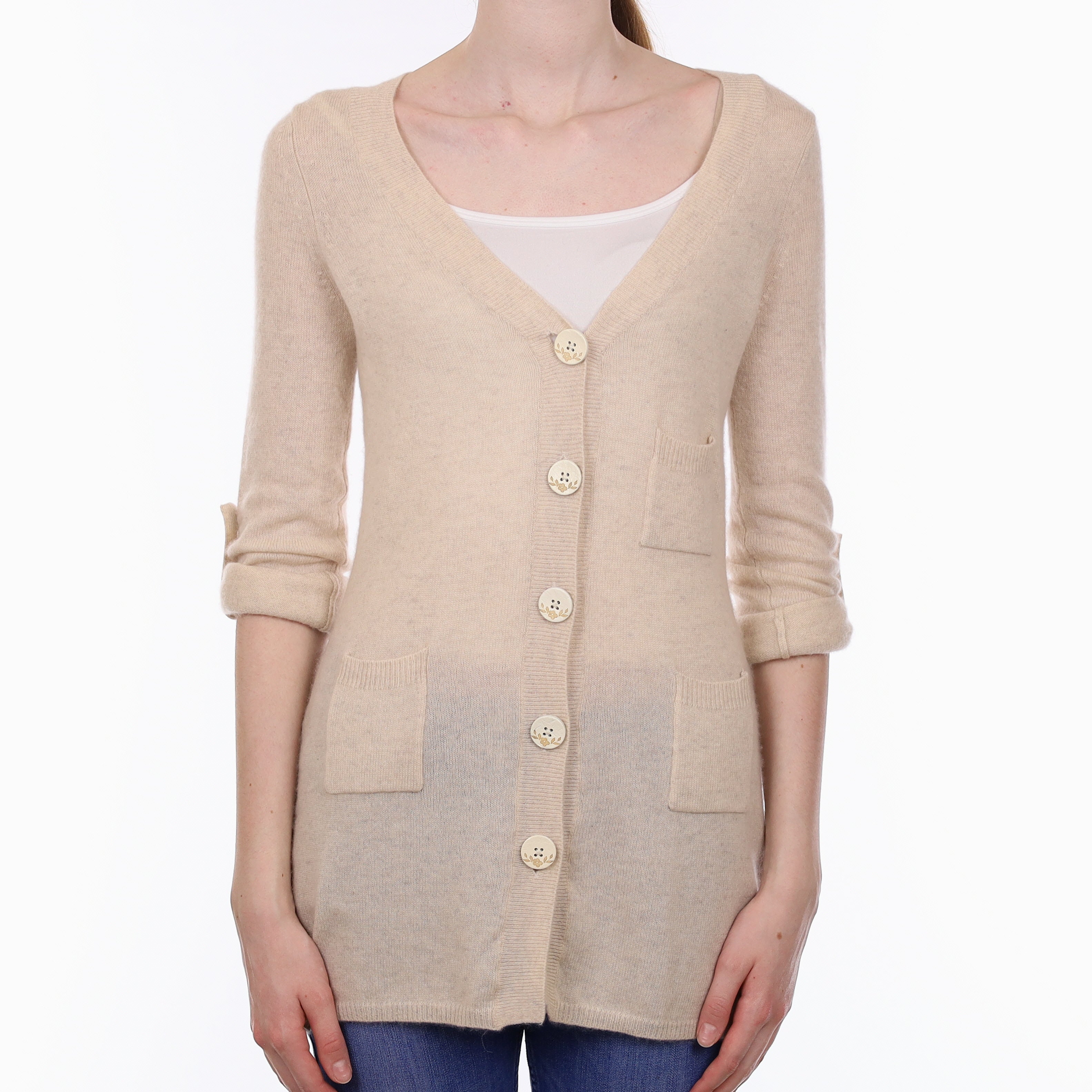 Beige Marl Cashmere Longline V Neck Cardigan Extra Small