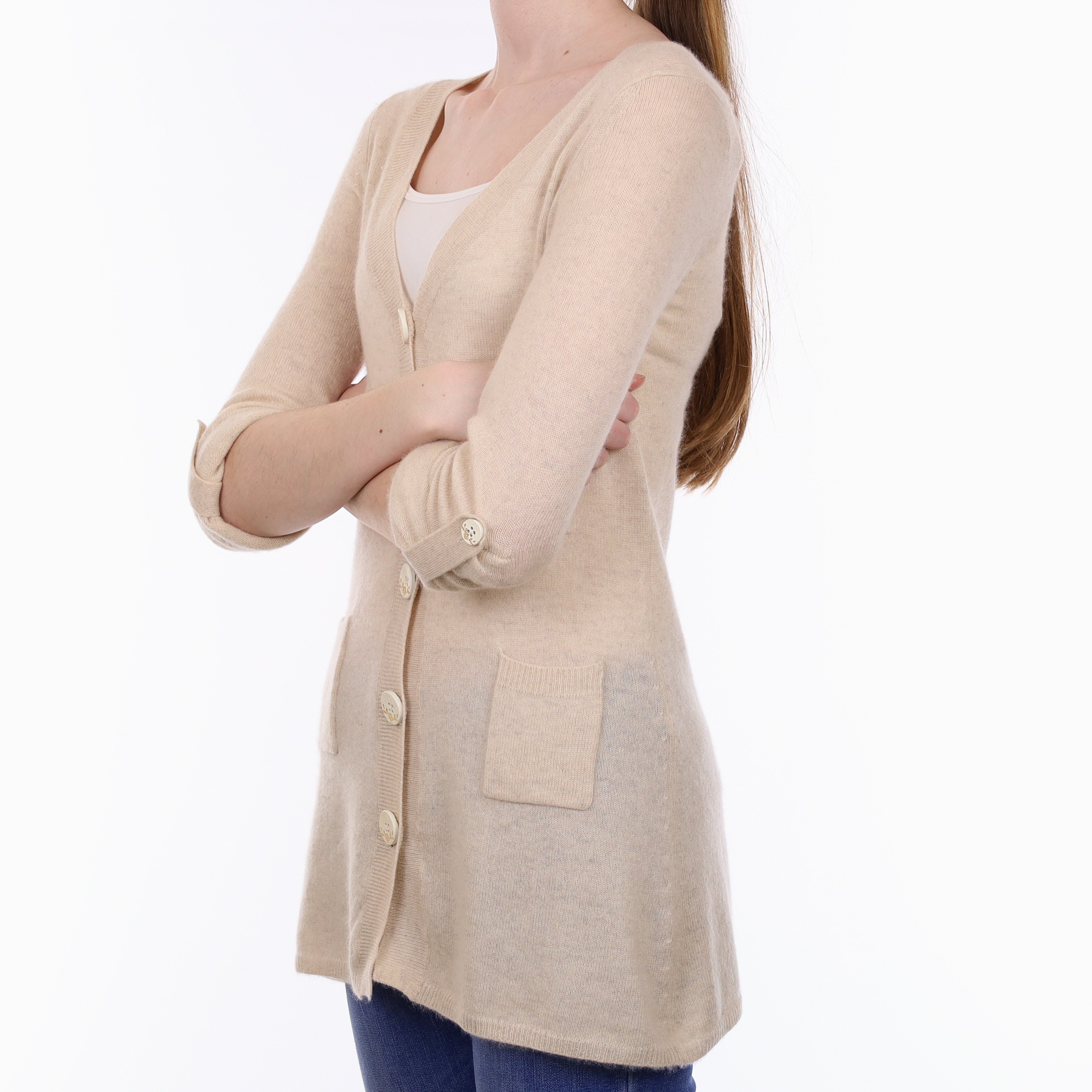 Beige Marl Cashmere Longline V Neck Cardigan Extra Small