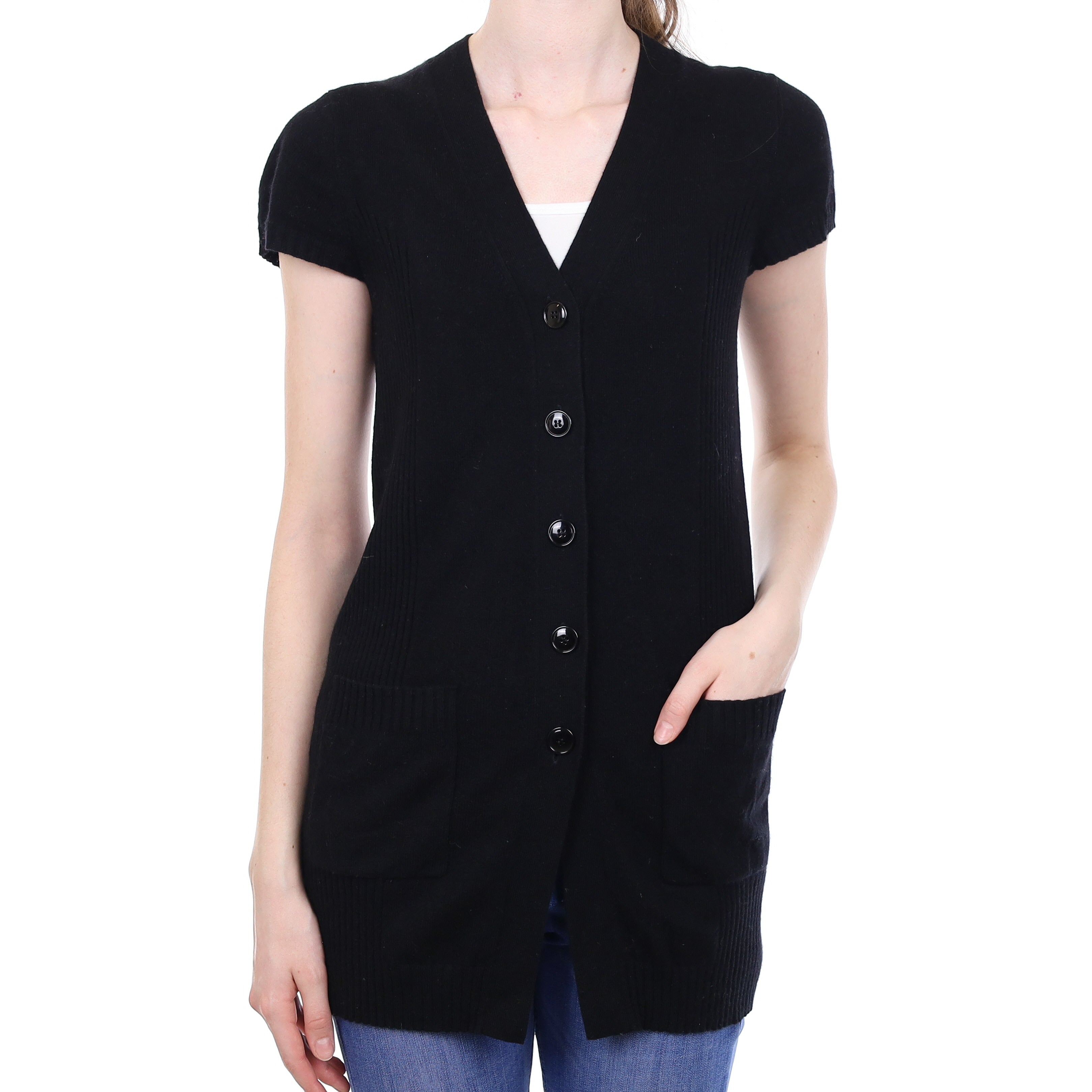 Black Cashmere Longline Short Sleeve Cardigan with Pockets Extra Small