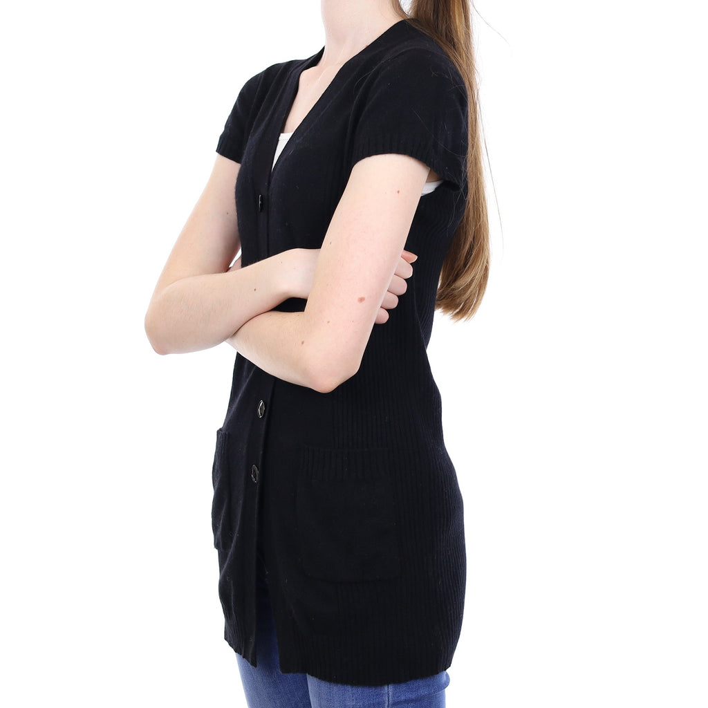Black Cashmere Longline Short Sleeve Cardigan with Pockets Extra Small