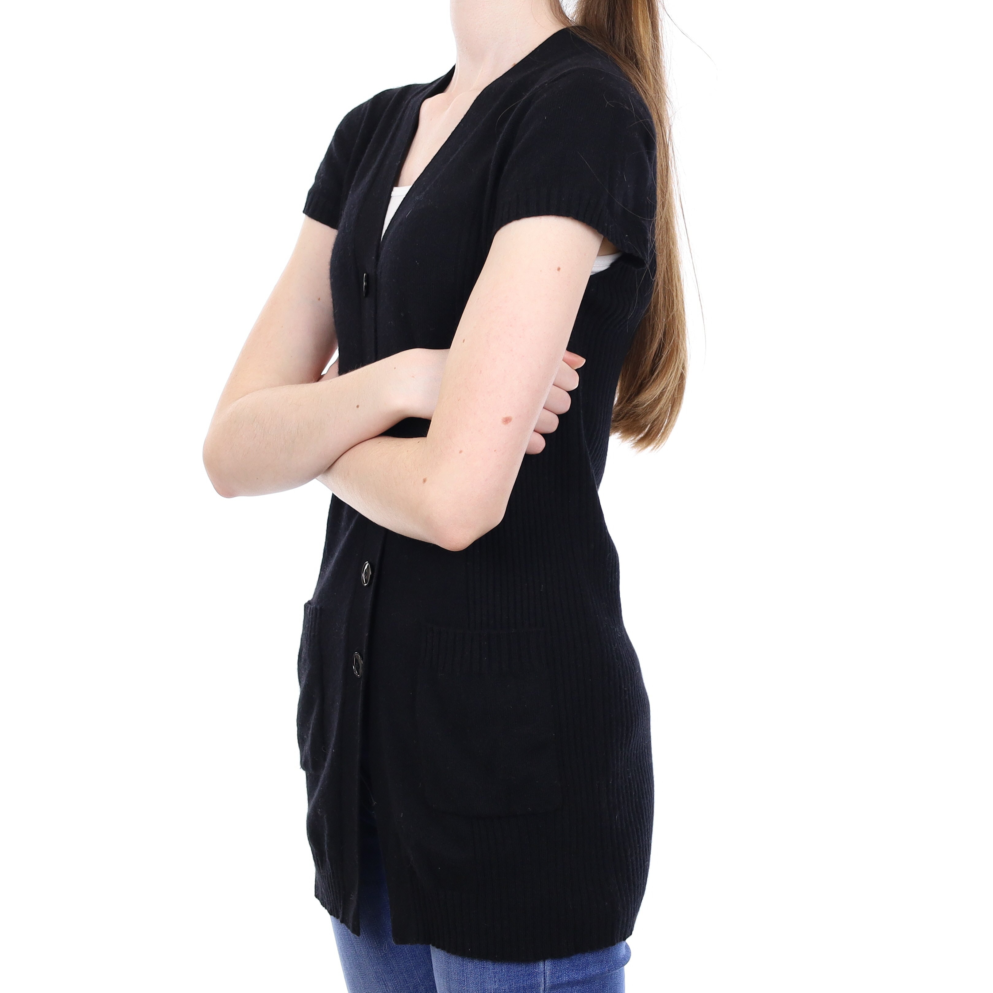 Black Cashmere Longline Short Sleeve Cardigan with Pockets Extra Small