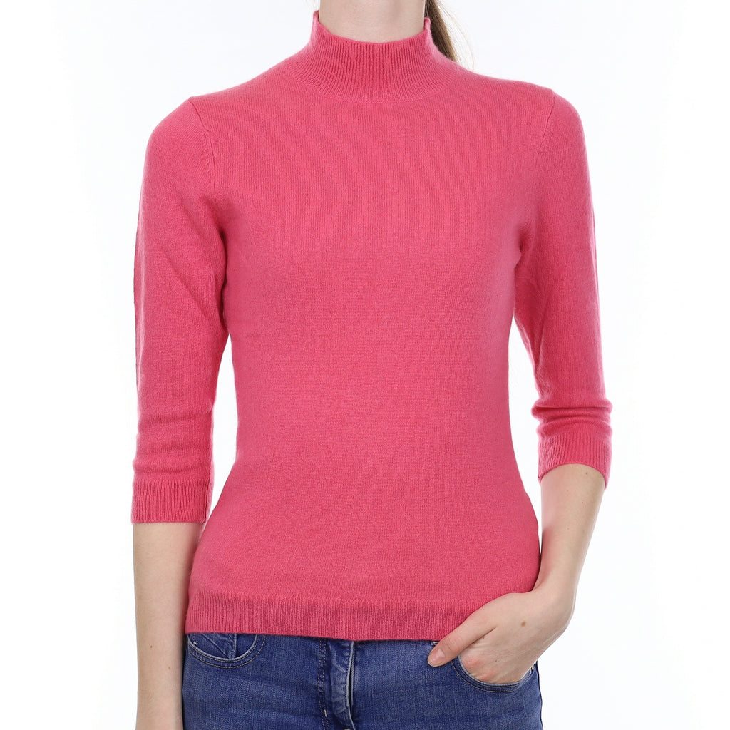 Rose Pink Cashmere 1/2 Sleeve Turtleneck Jumper Extra Small