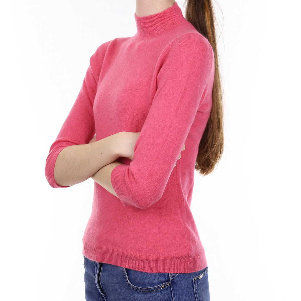 Rose Pink Cashmere 1/2 Sleeve Turtleneck Jumper Extra Small