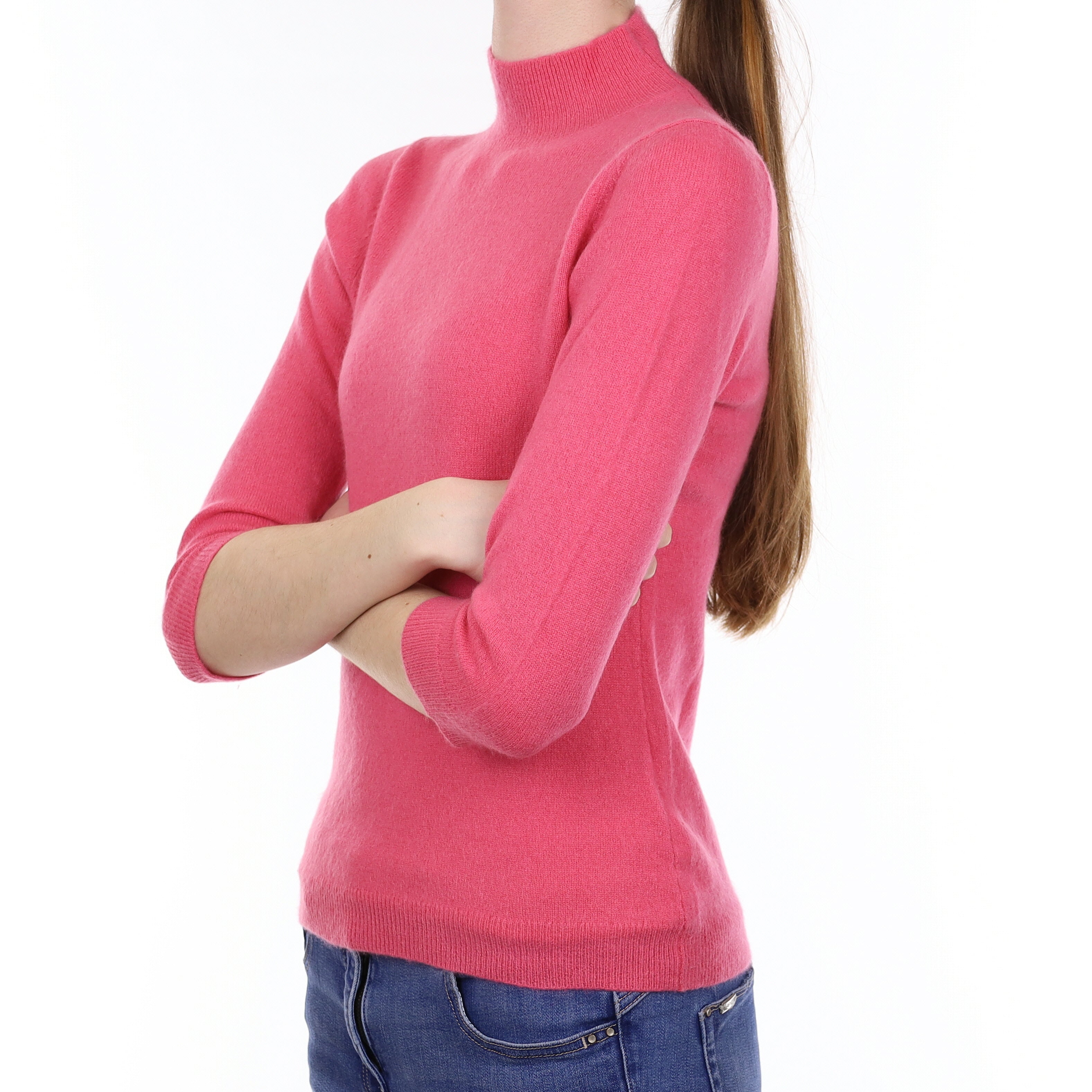 Rose Pink Cashmere 1/2 Sleeve Turtleneck Jumper Extra Small