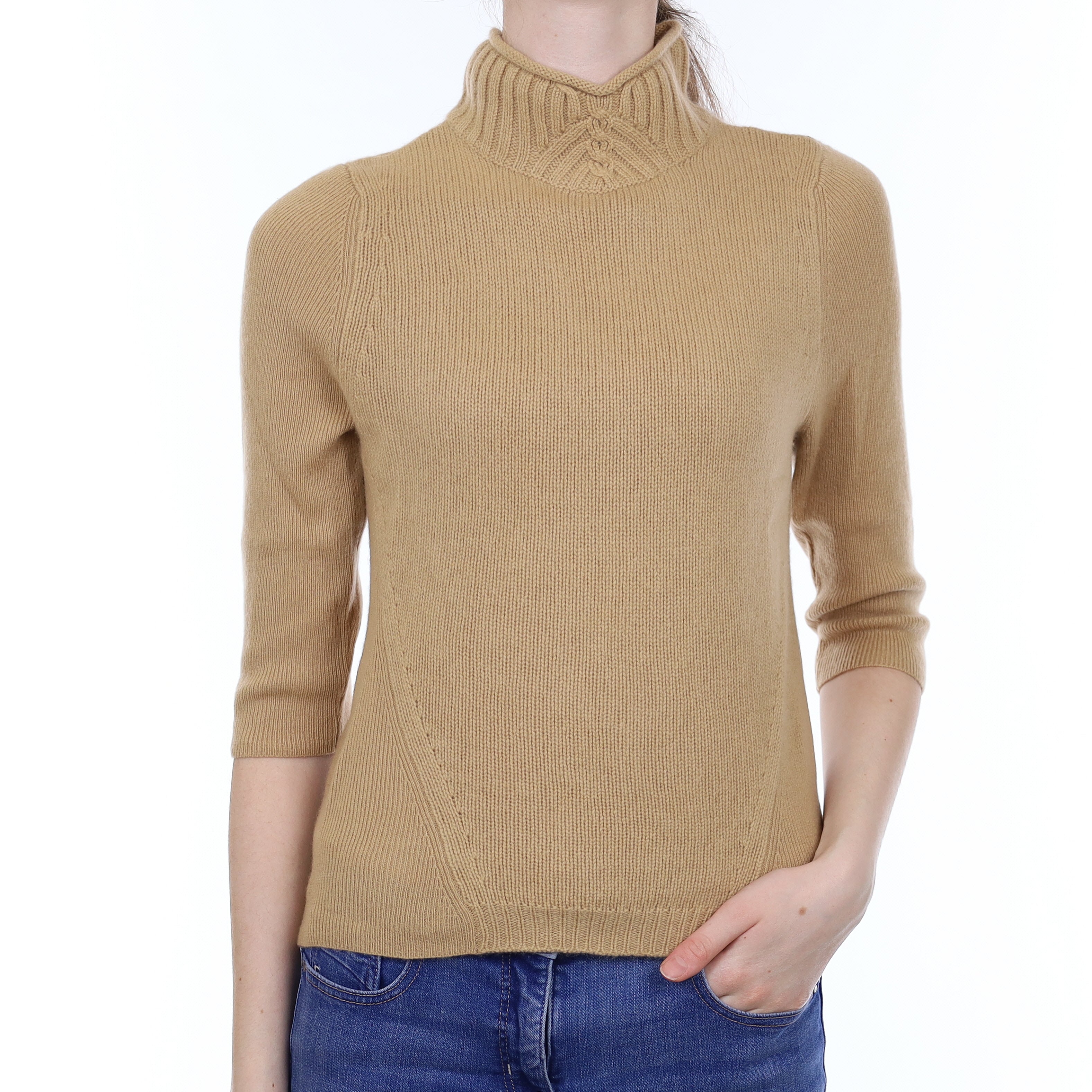 Caramel Heavy Knit Cashmere 1/2 Sleeve Turtleneck Jumper Extra Small