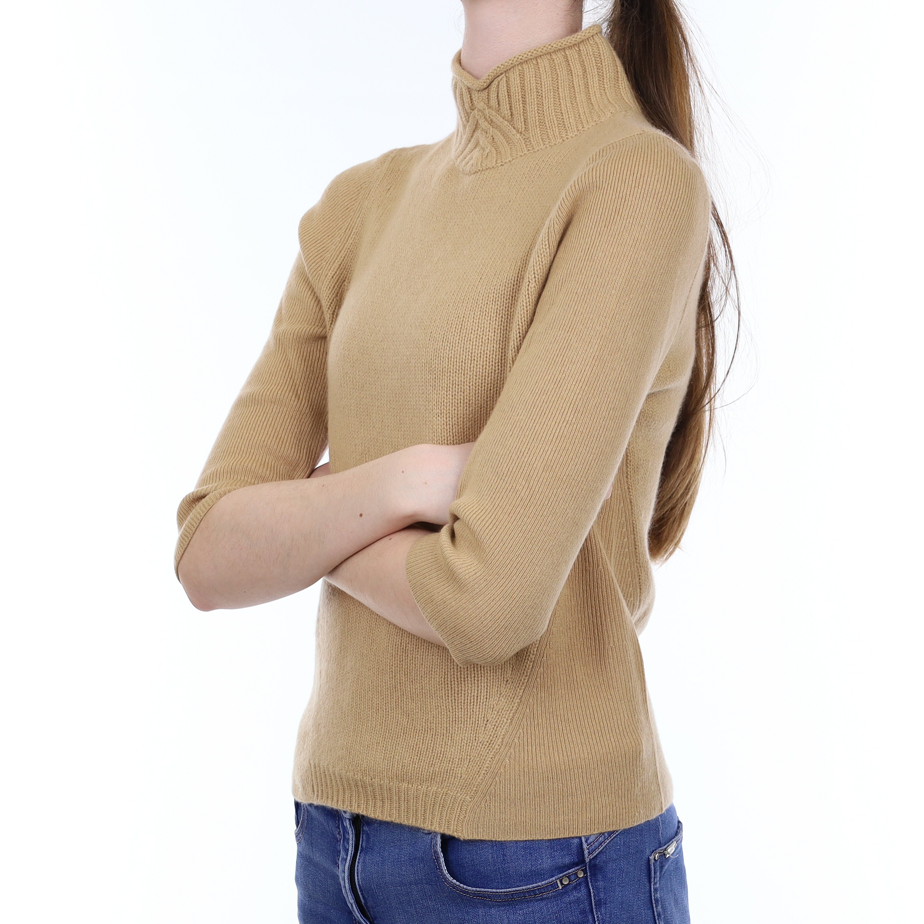 Caramel Heavy Knit Cashmere 1/2 Sleeve Turtleneck Jumper Extra Small