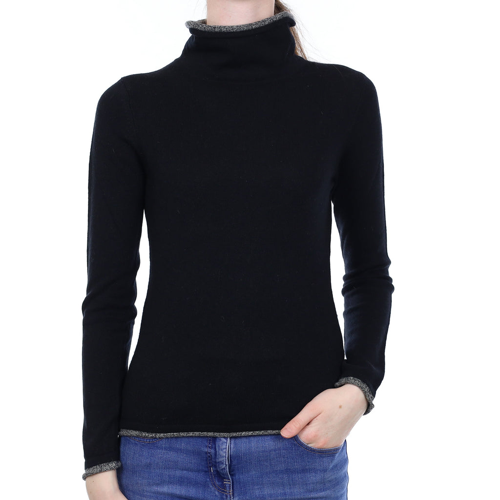 Black with Grey Trim Cashmere Funnel Neck Jumper Extra Small