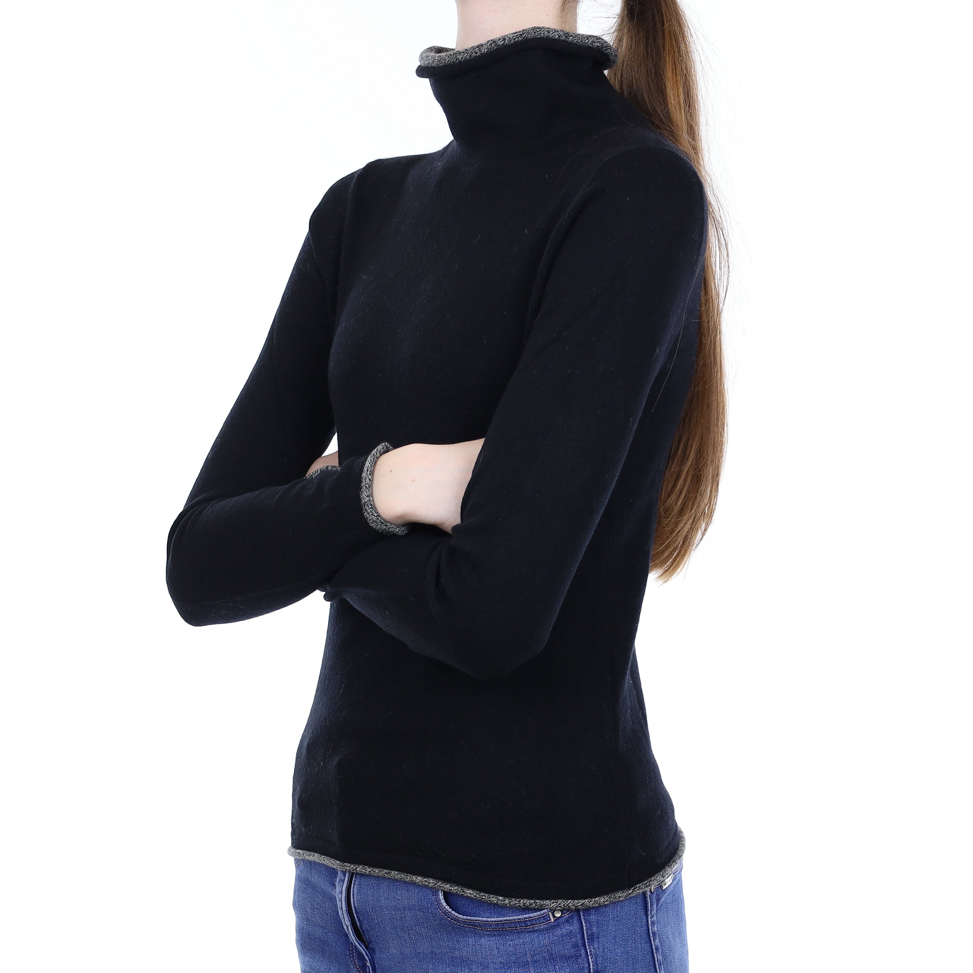 Black with Grey Trim Cashmere Funnel Neck Jumper Extra Small