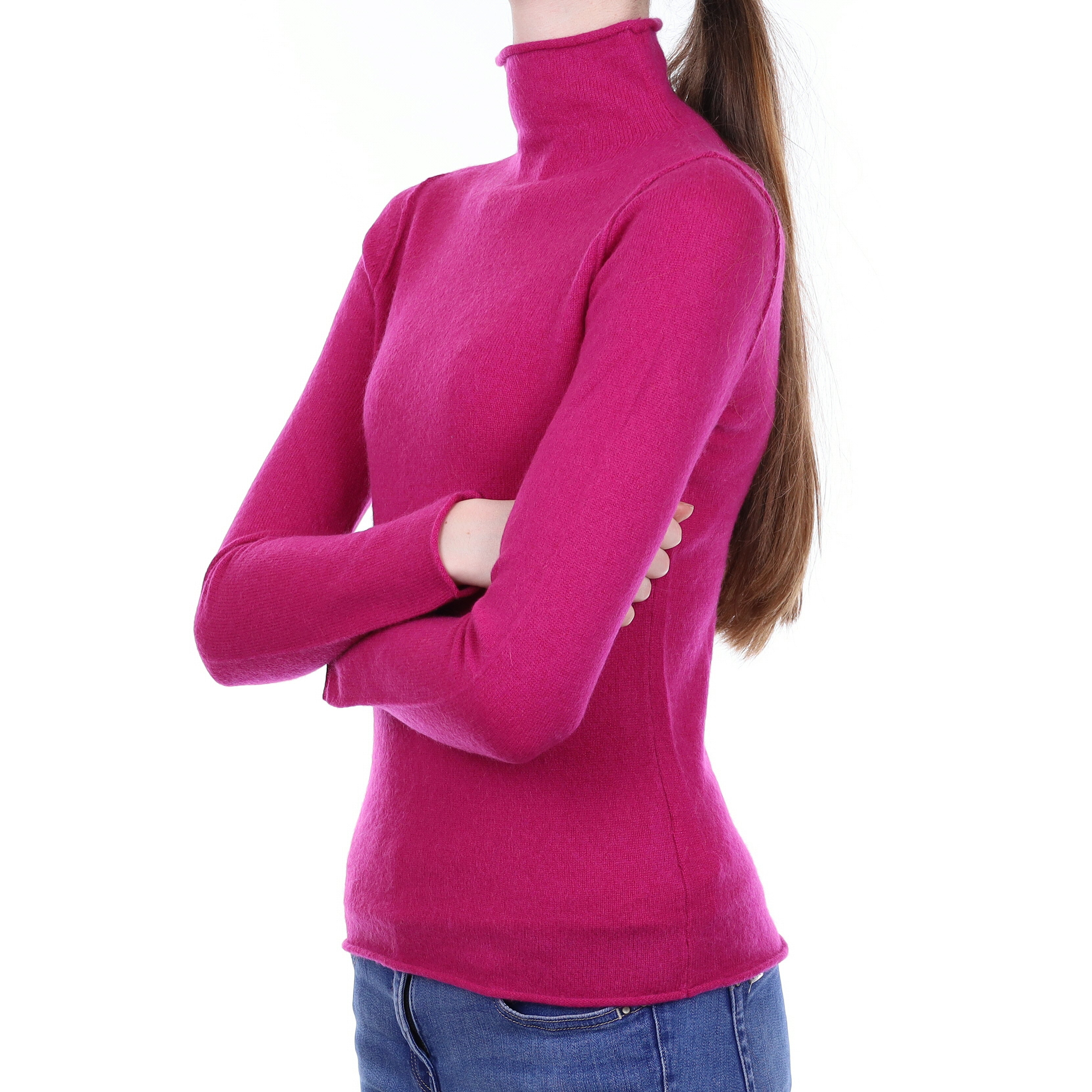 Fuchsia Pink Cashmere Funnel Neck Jumper Extra Small