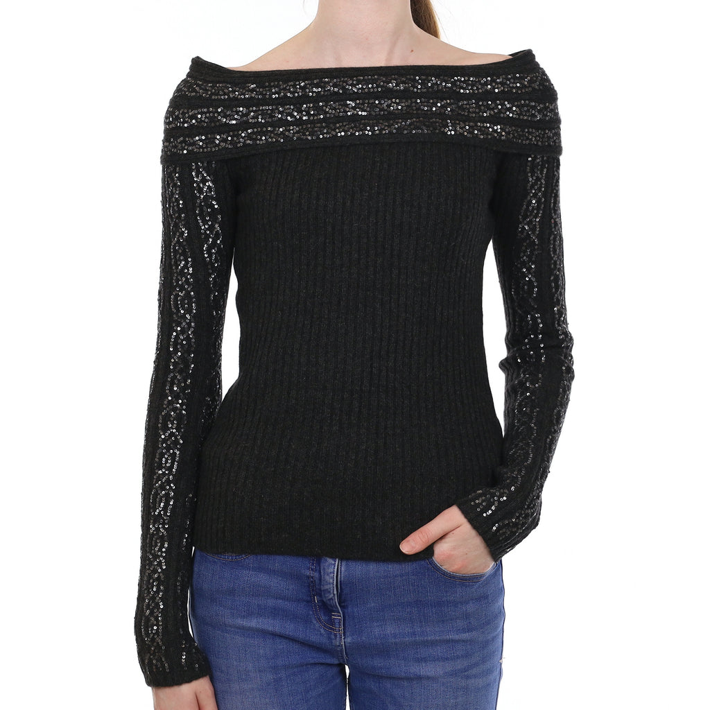 Charcoal Grey Sequin Embellished Cashmere Bardot Neck Jumper Extra Small