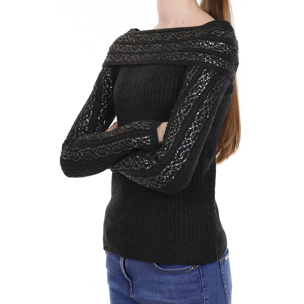 Charcoal Grey Sequin Embellished Cashmere Bardot Neck Jumper Extra Small