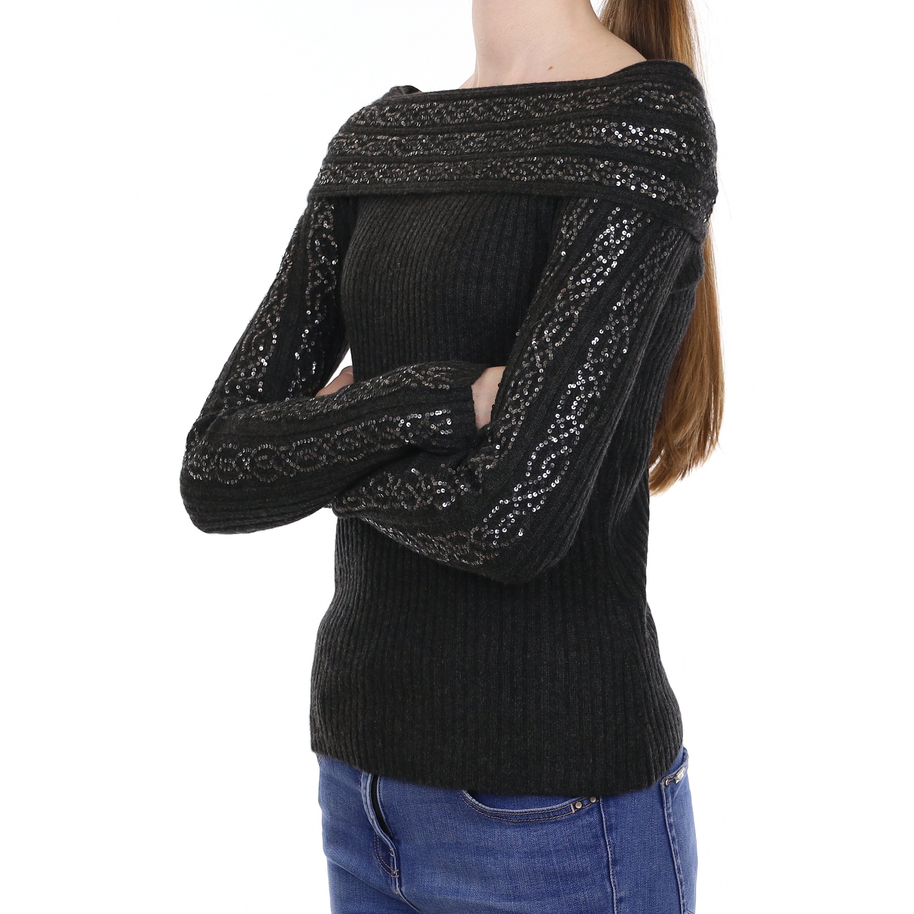 Charcoal Grey Sequin Embellished Cashmere Bardot Neck Jumper Extra Small