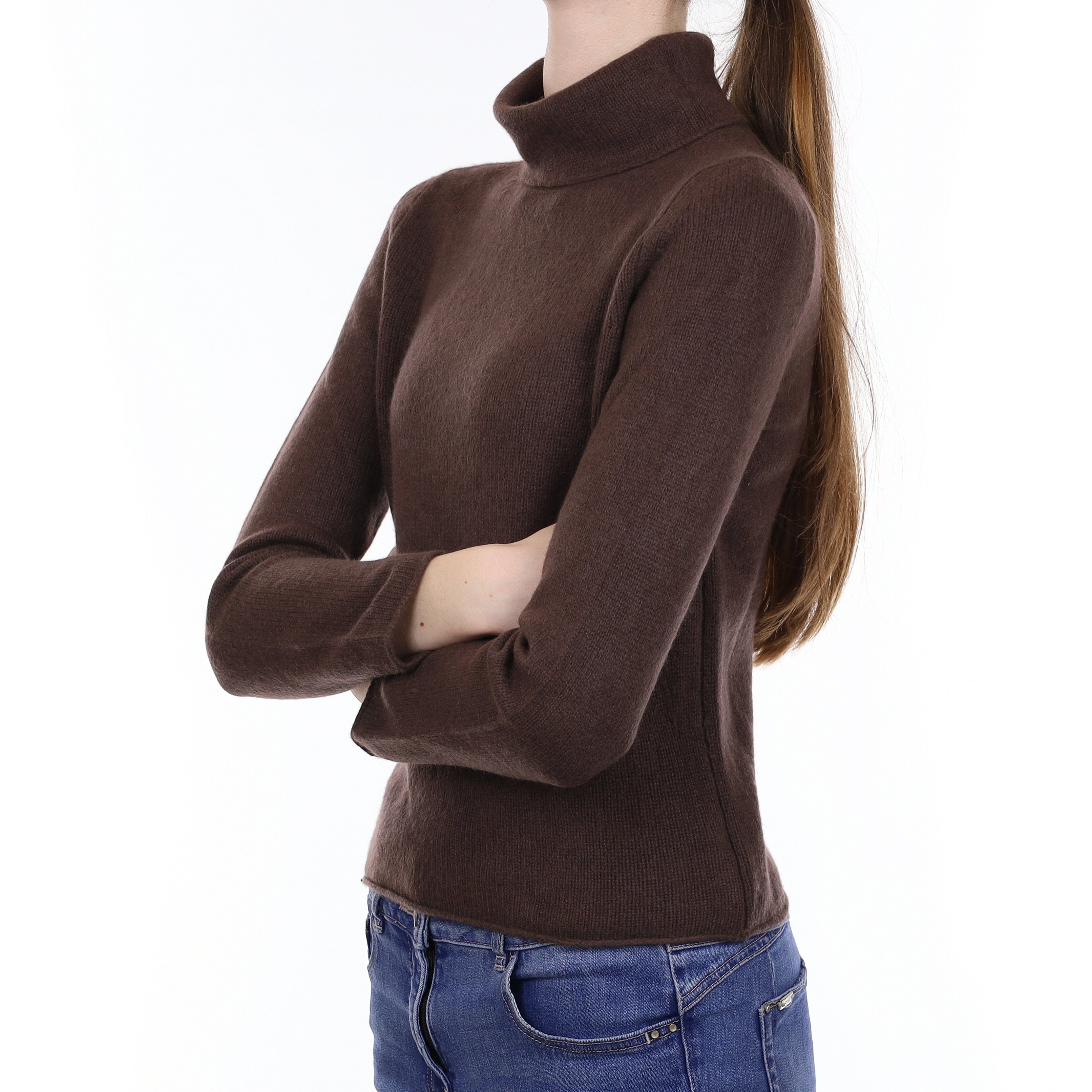 Mole Brown Heavy Knit Cashmere Polo Neck Jumper Extra Small