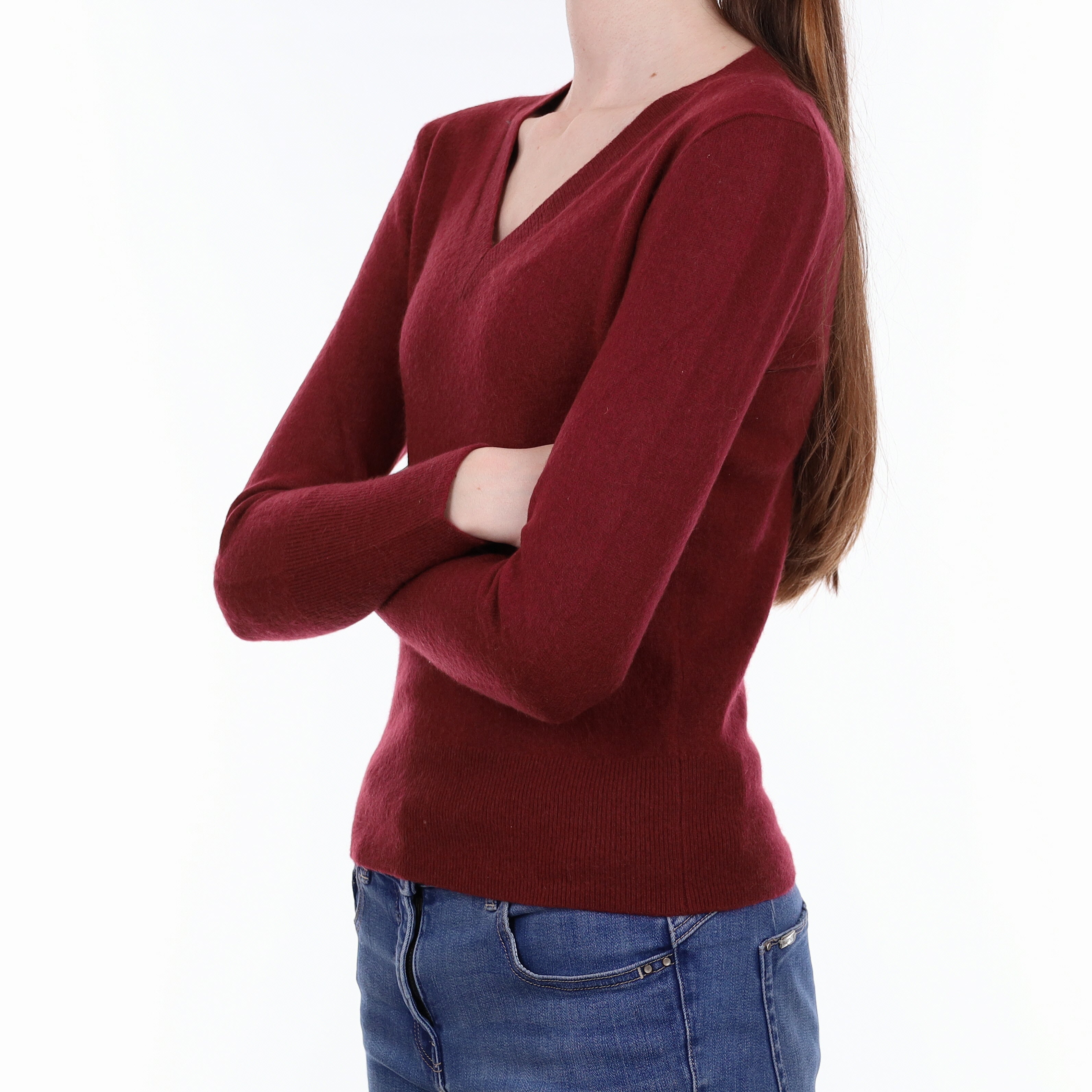 Maroon Red Cashmere V Neck Jumper Extra Small