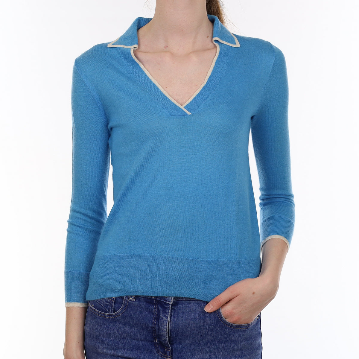 Cornflower Blue Fine Knit Cashmere Collared V Neck Jumper Extra Small