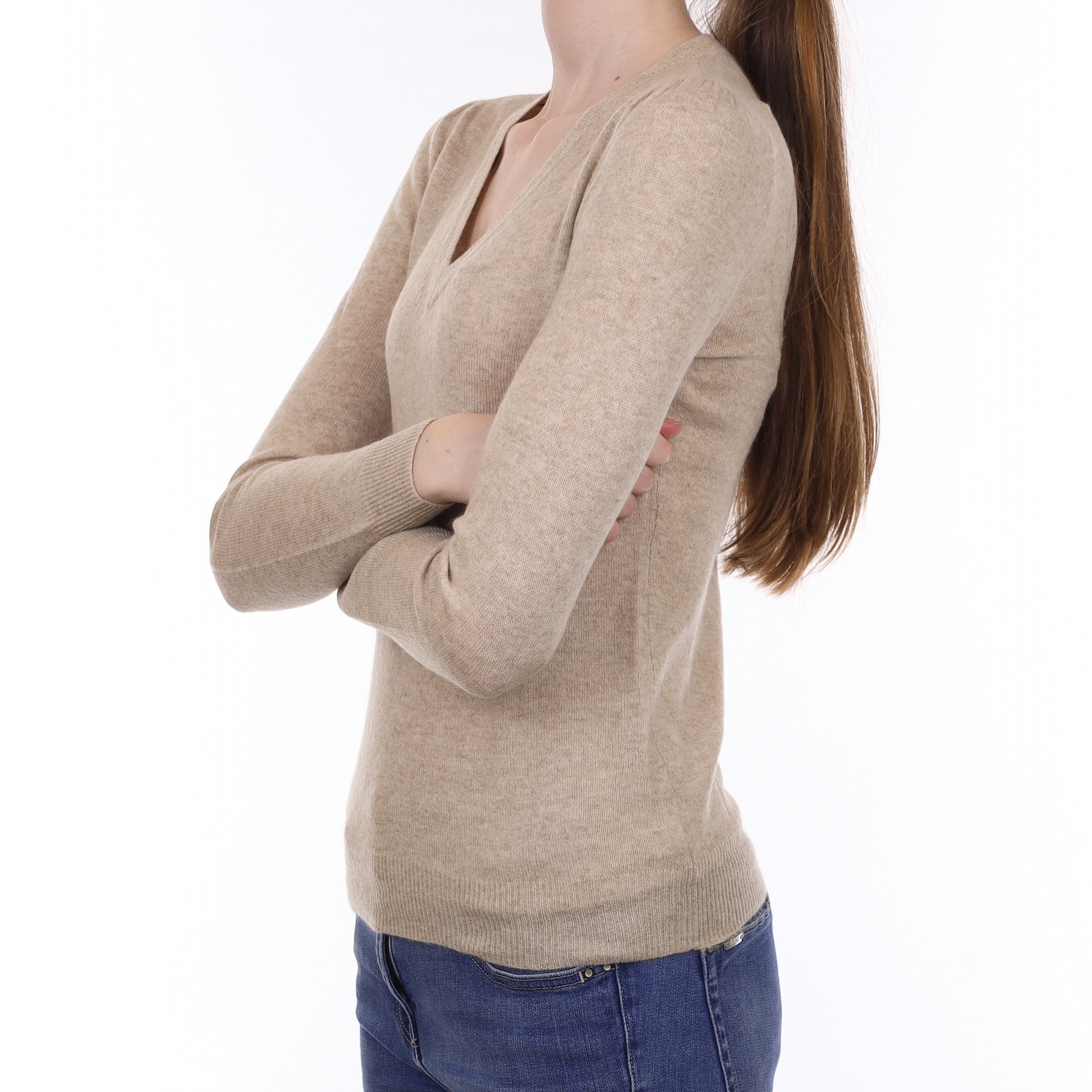 Biscuit Brown Cashmere V Neck Jumper Extra Small