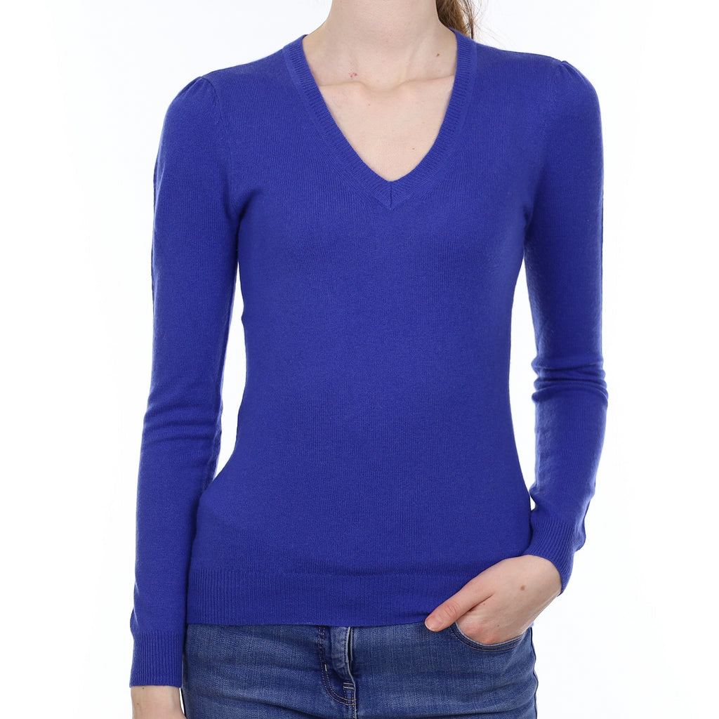 Cobalt Blue Cashmere V Neck Jumper Extra Small