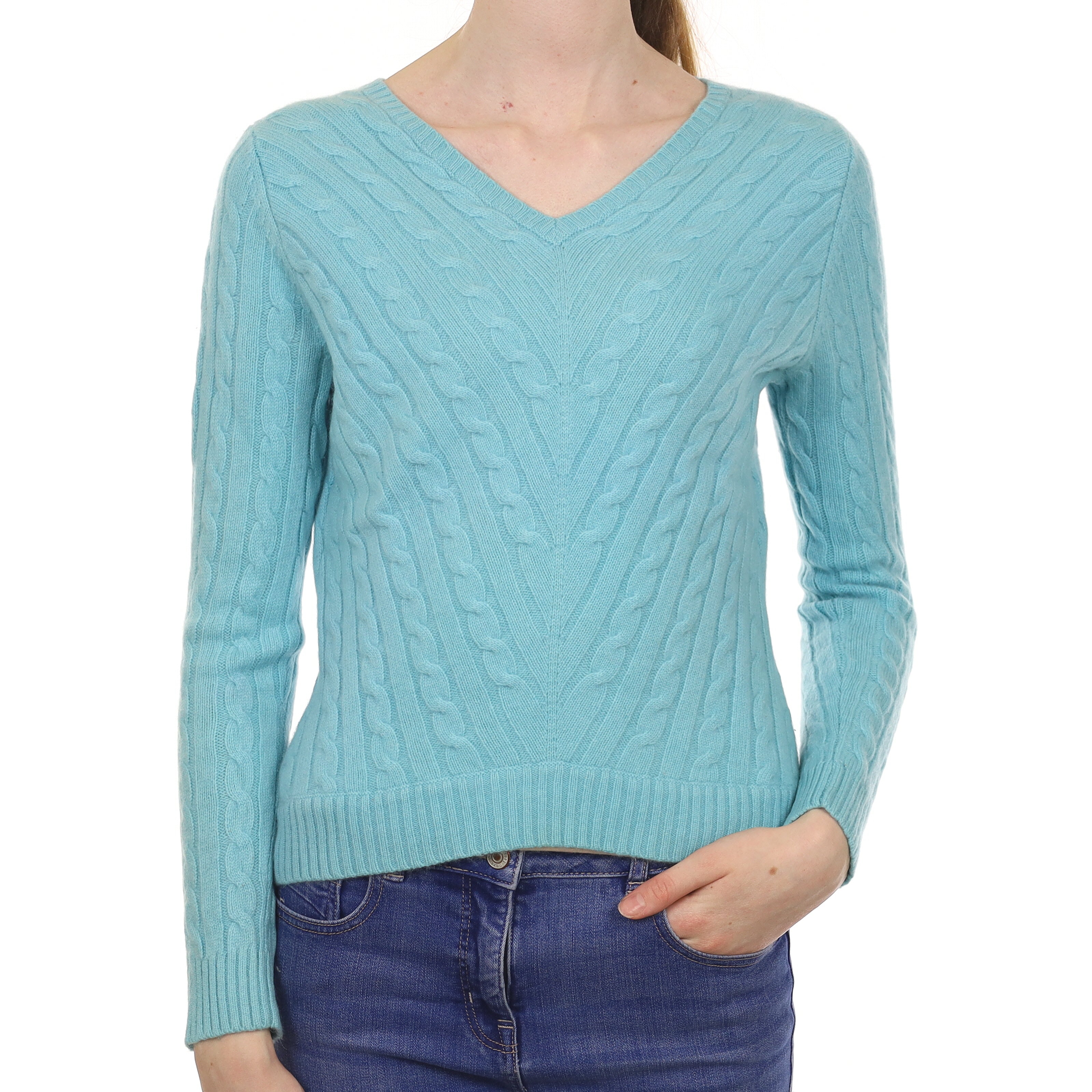Aqua Blue Cable Cashmere V Neck Jumper Extra Small