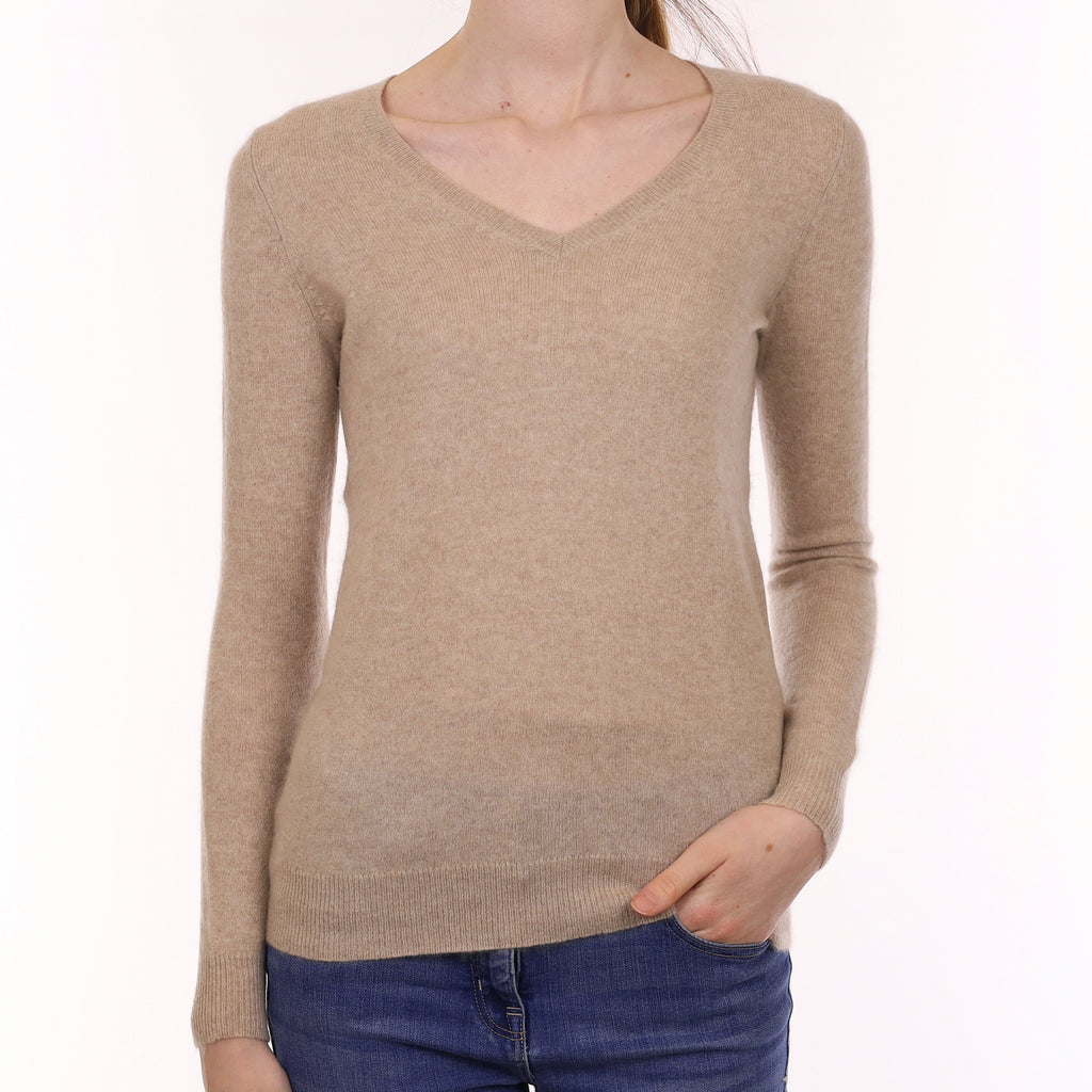 Fawn Beige Cashmere V Neck Jumper Extra Small