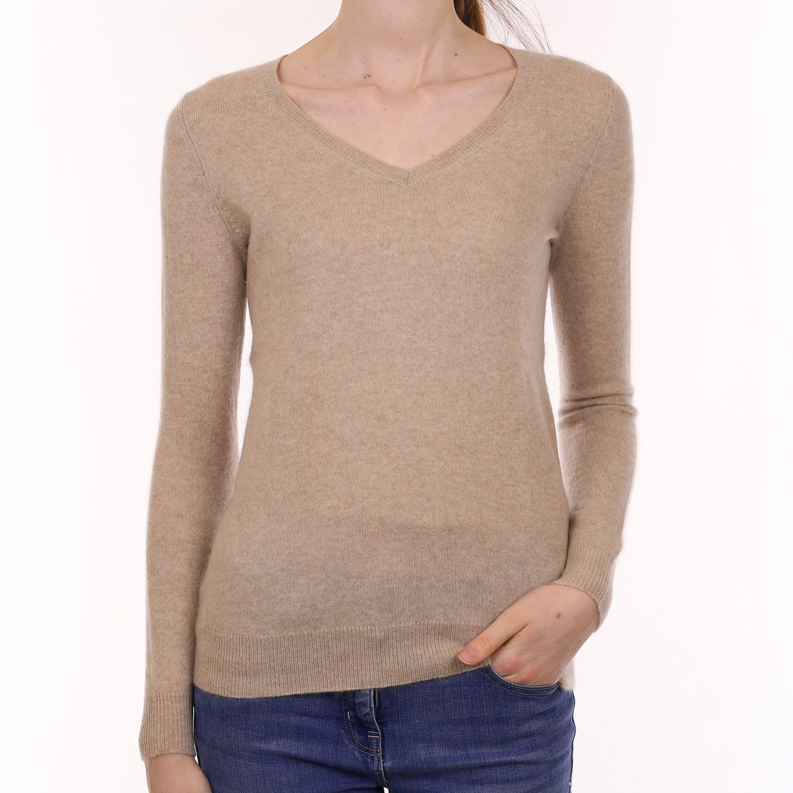 Fawn Beige Cashmere V Neck Jumper Extra Small