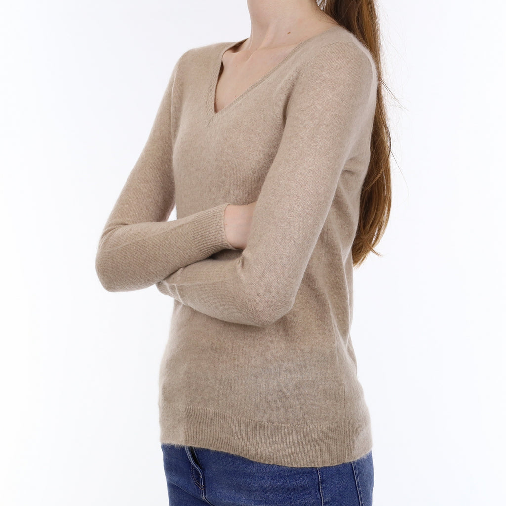 Fawn Beige Cashmere V Neck Jumper Extra Small