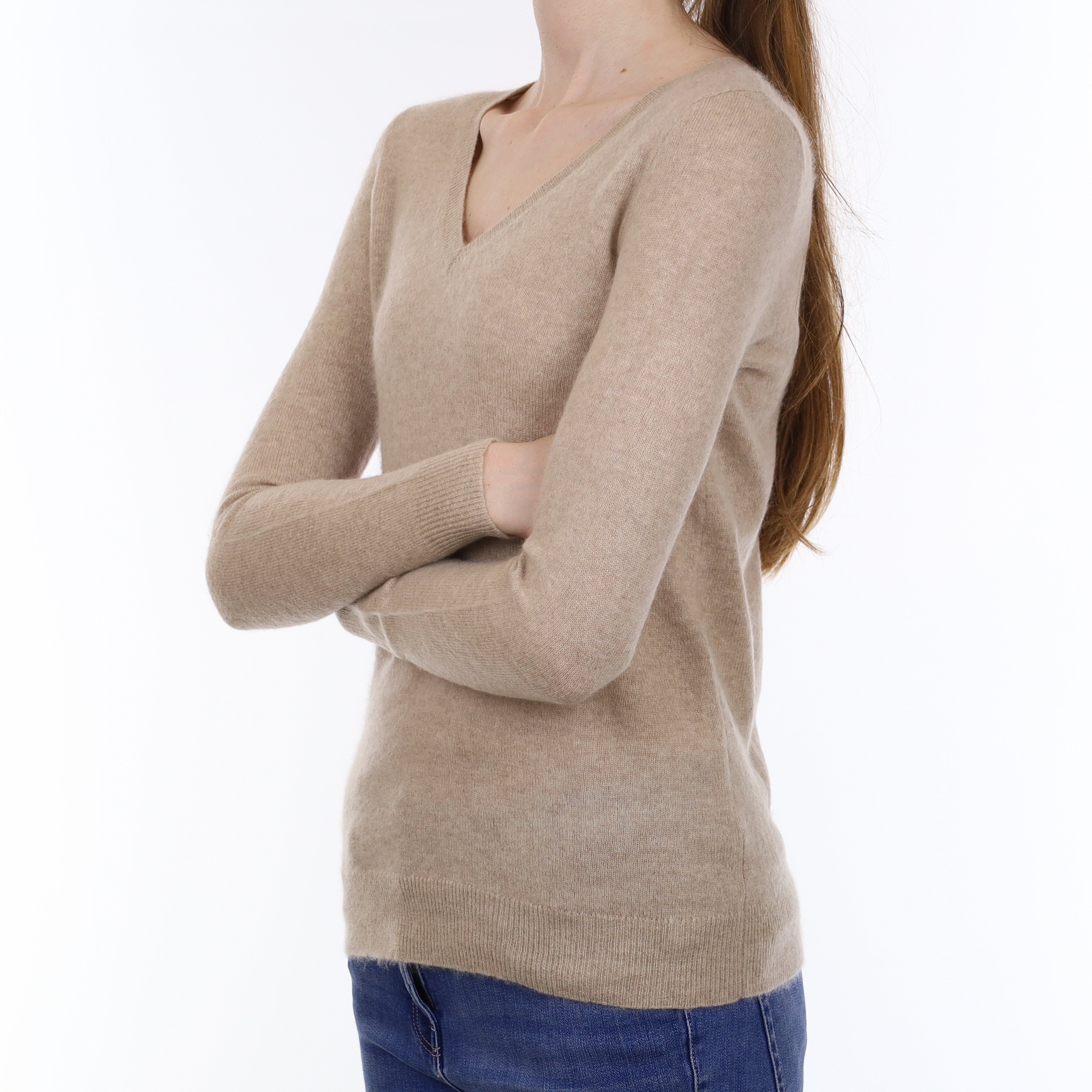 Fawn Beige Cashmere V Neck Jumper Extra Small