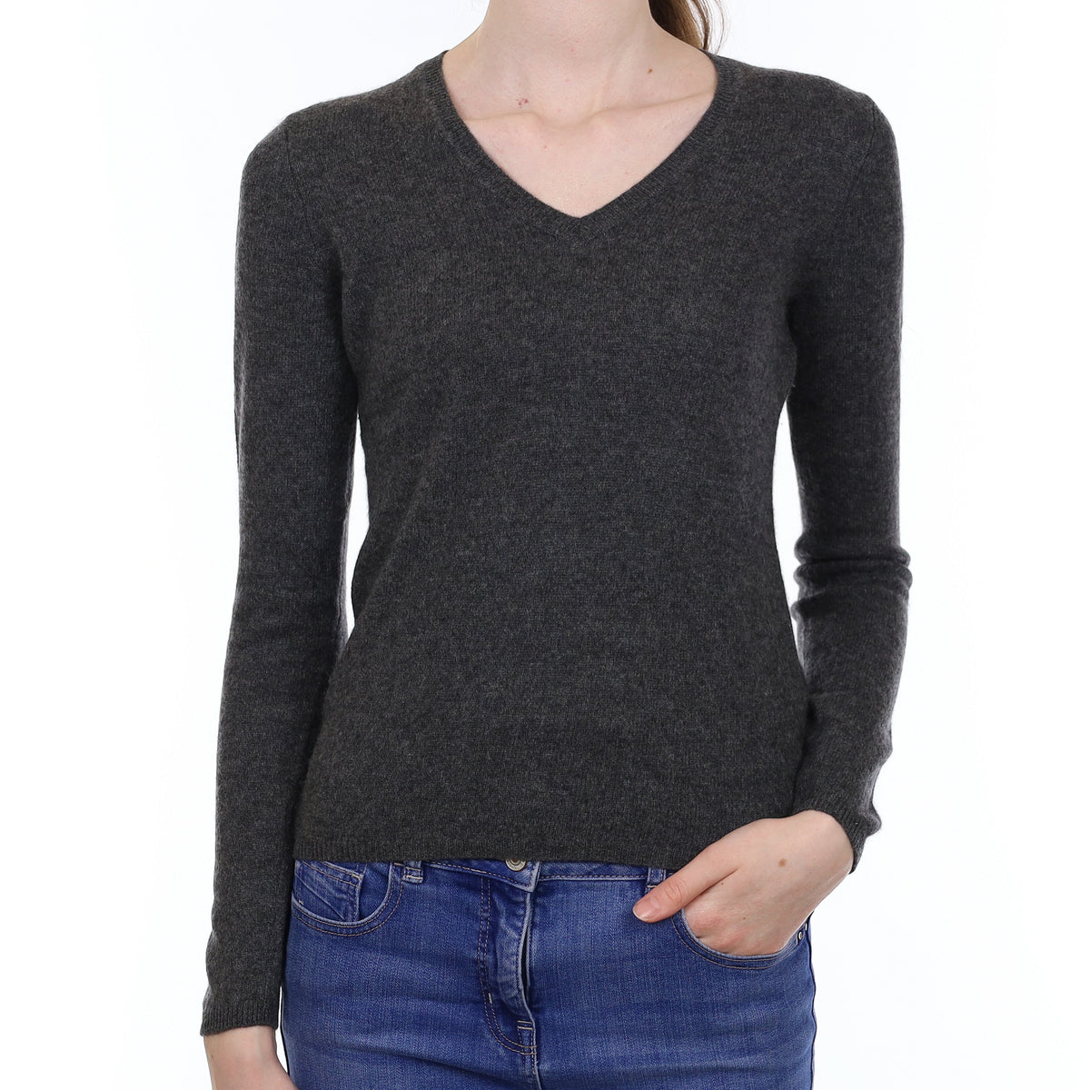Granite Grey Cashmere V Neck Jumper Extra Small