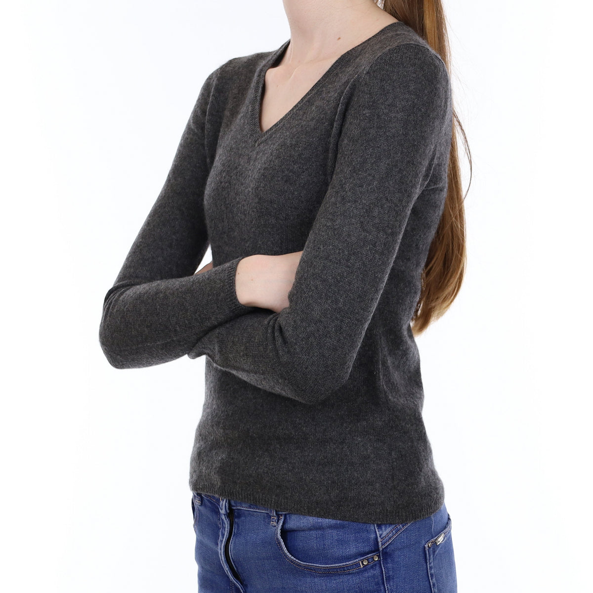 Granite Grey Cashmere V Neck Jumper Extra Small