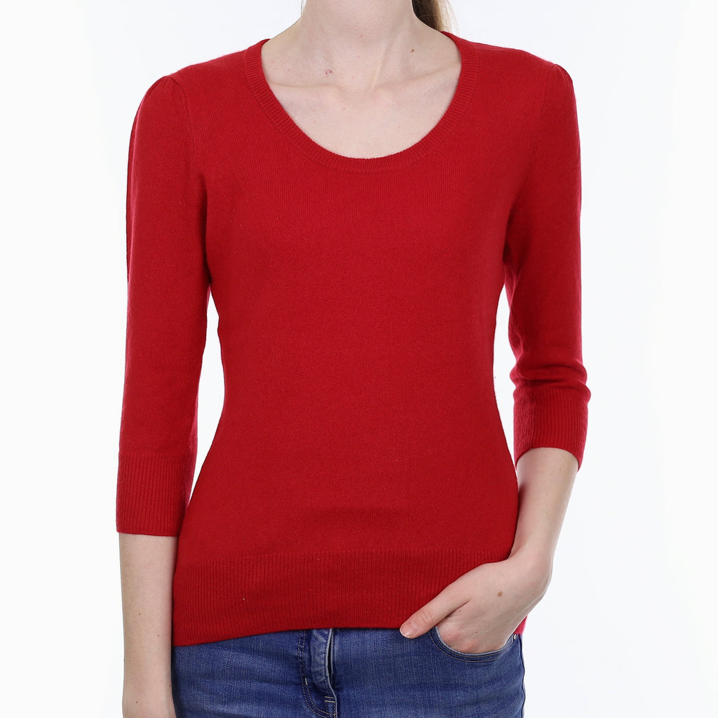 Berry Red 3/4 Sleeve Cashmere Scoop Neck Jumper Extra Small